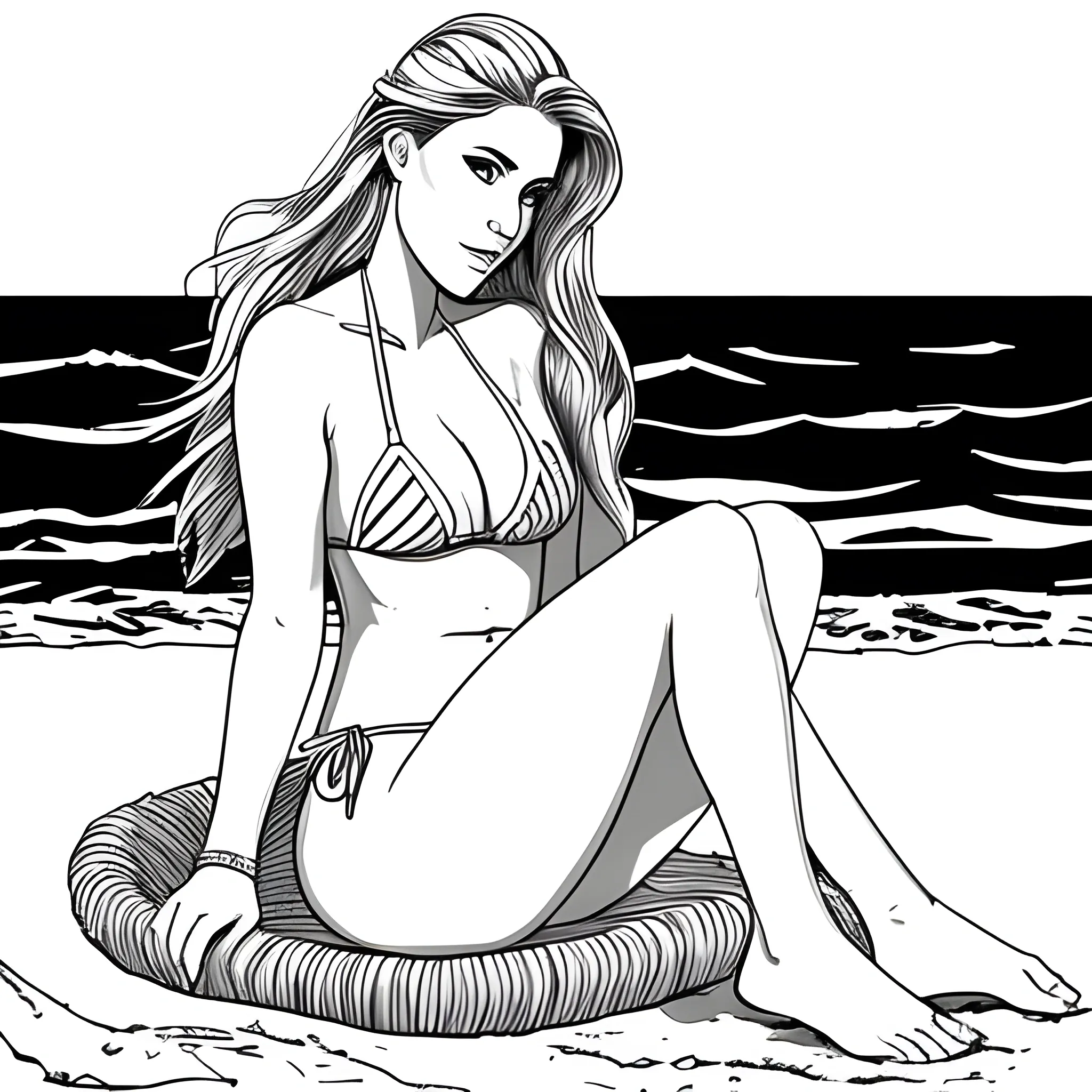 dibujo para colorear de hermosa mujer en bikini, sentada  en una silla de playa, a la orilla del mar