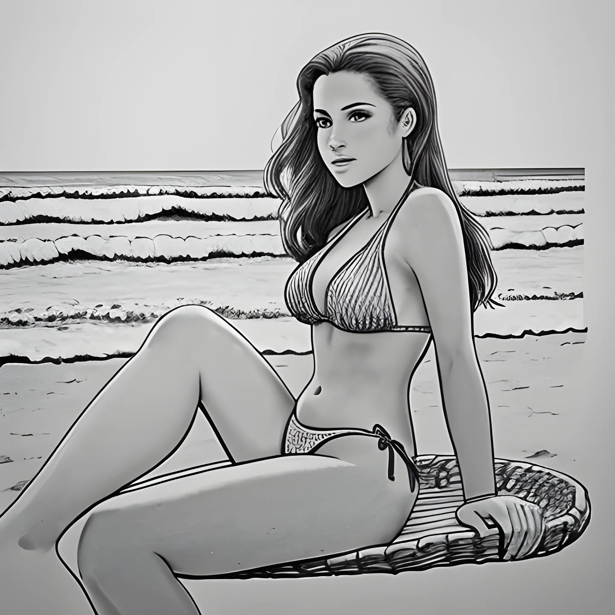 dibujo para colorear de hermosa mujer en bikini, sentada  en una silla con sombrilla, a la orilla del mar