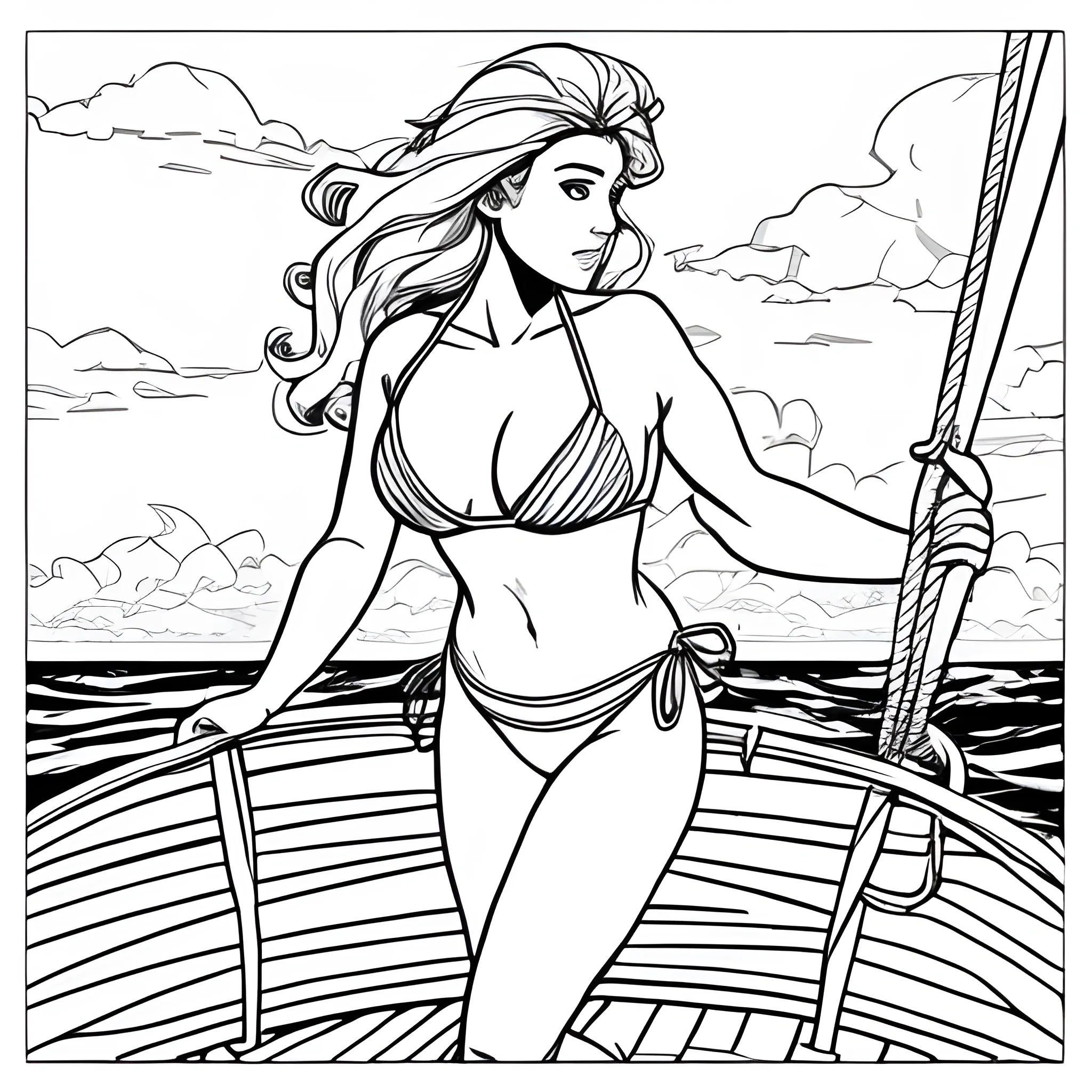 dibujo para colorear de hermosa mujer en bikini, sentada en un velero, a la orilla del mar