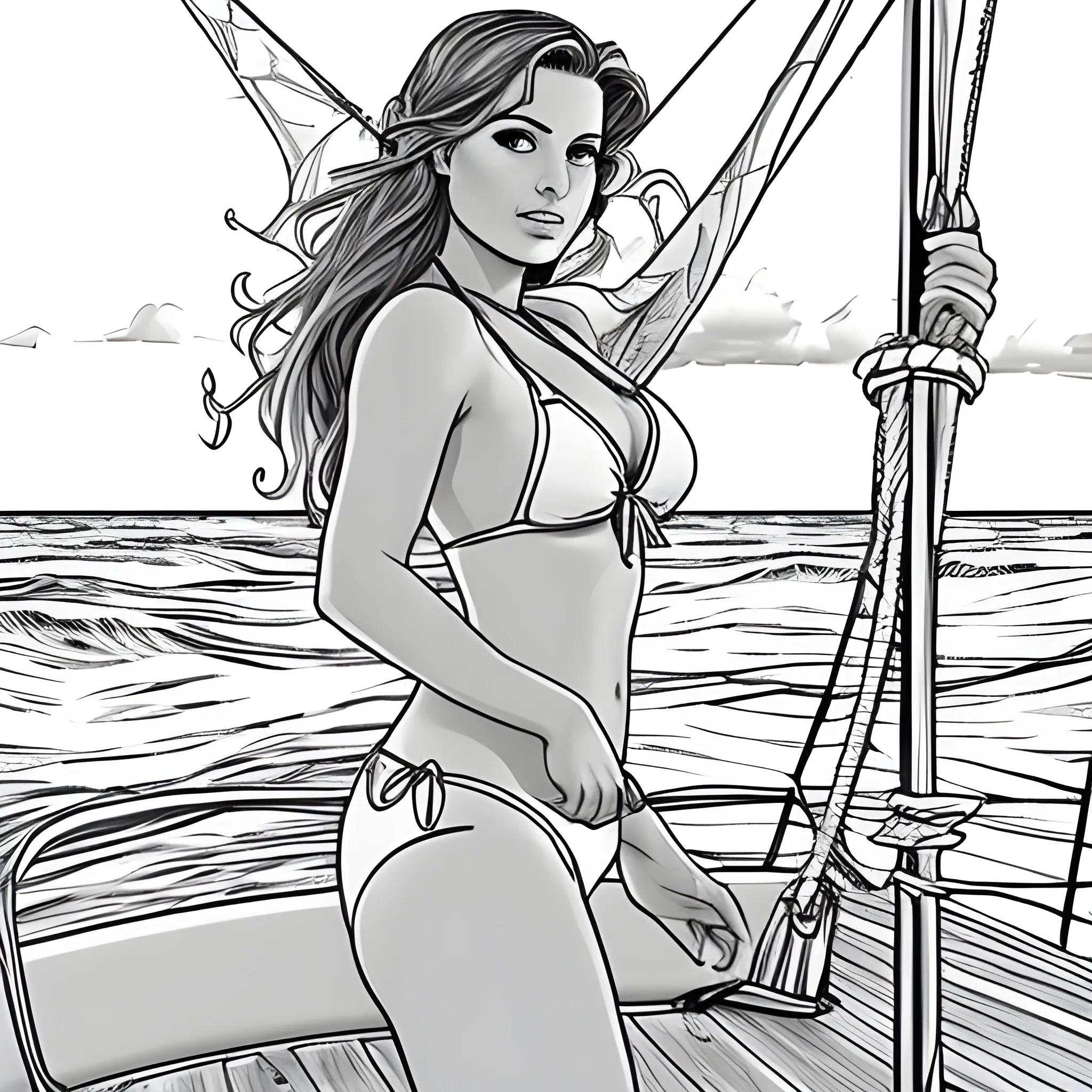 dibujo para colorear de hermosa mujer en bikini, acostada en un velero, a la orilla del mar