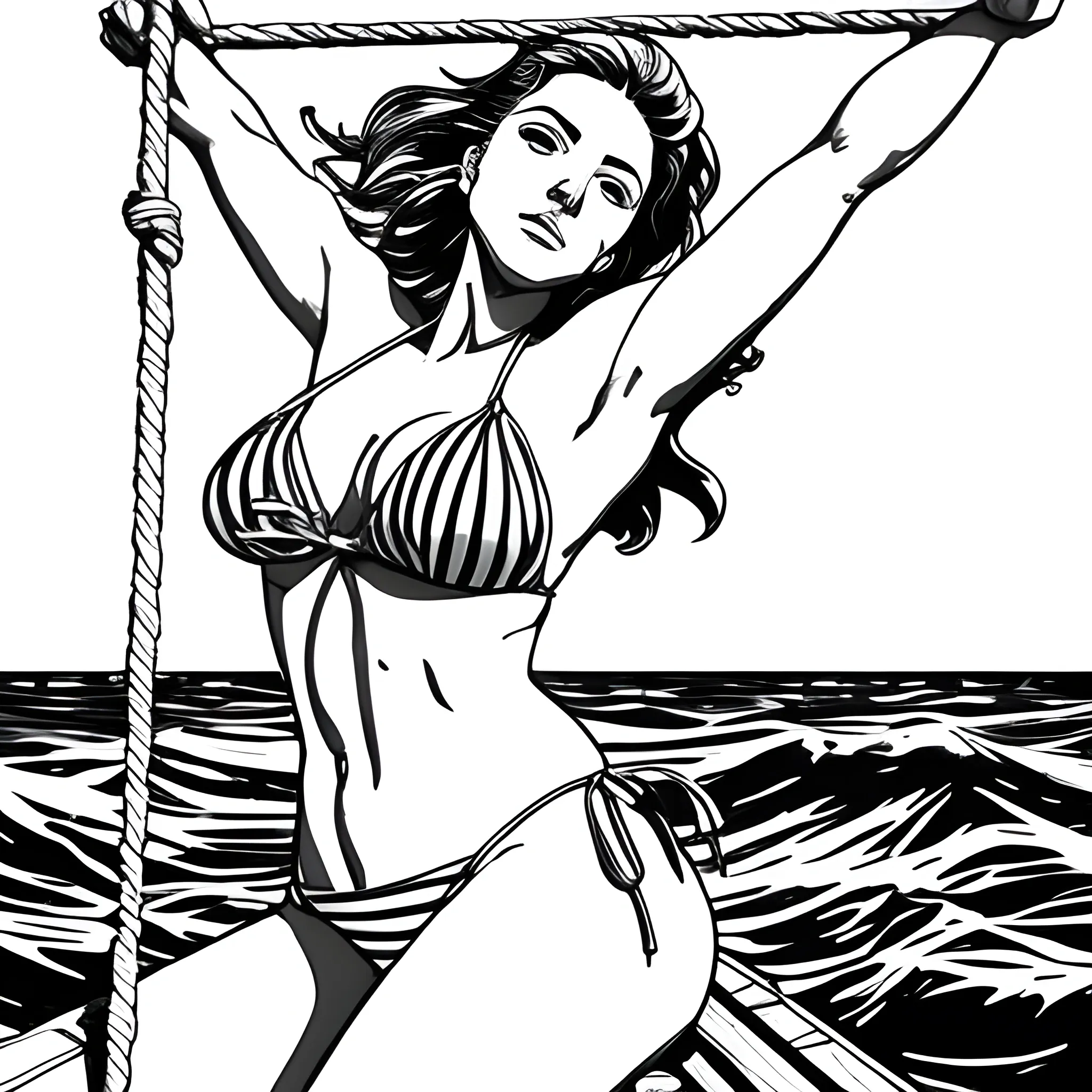 dibujo para colorear de hermosa mujer en bikini, sentada con pose sensual en un velero, a la orilla del mar