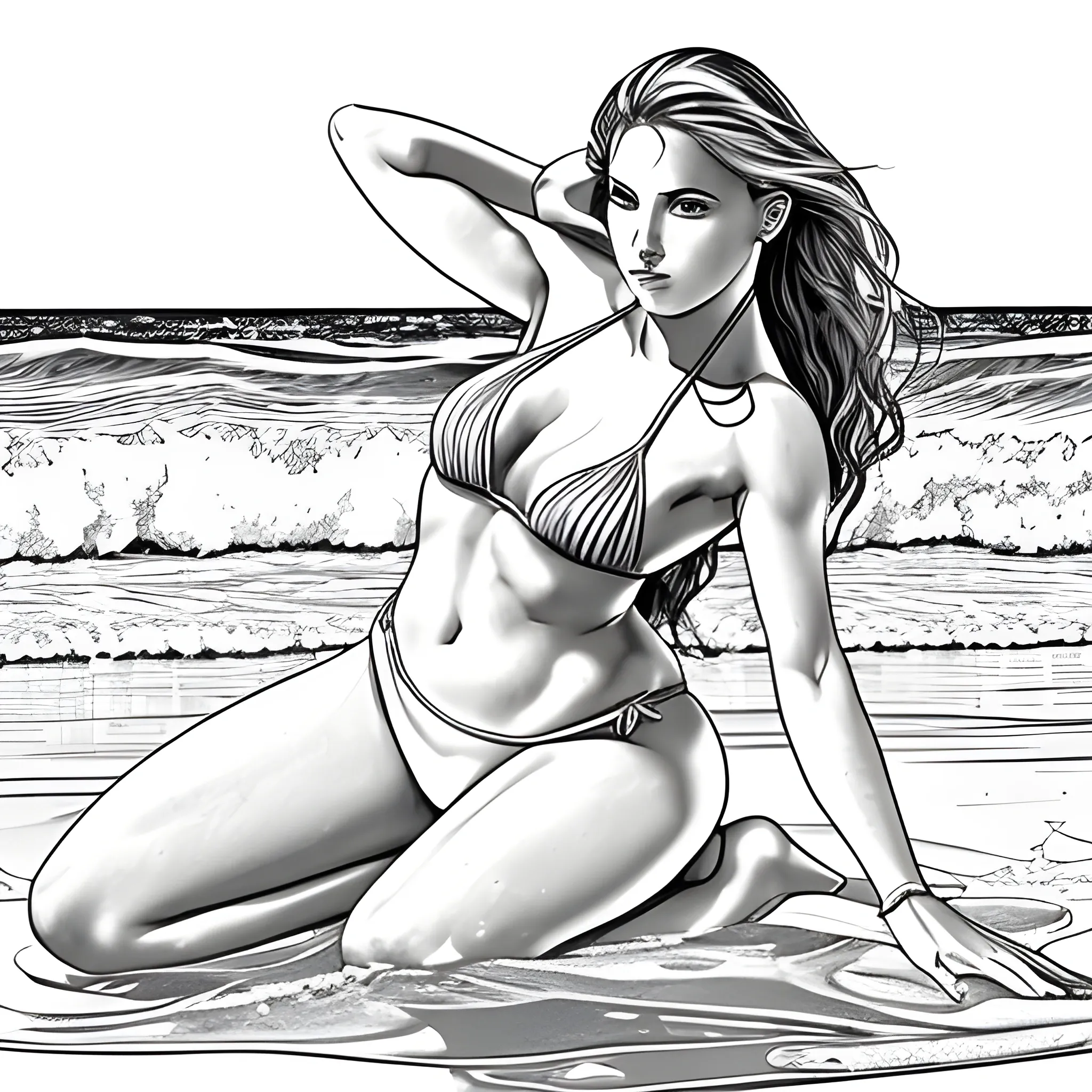 dibujo para colorear de hermosa mujer en bikini, sentada con pose sensual en la arena, a la orilla del mar