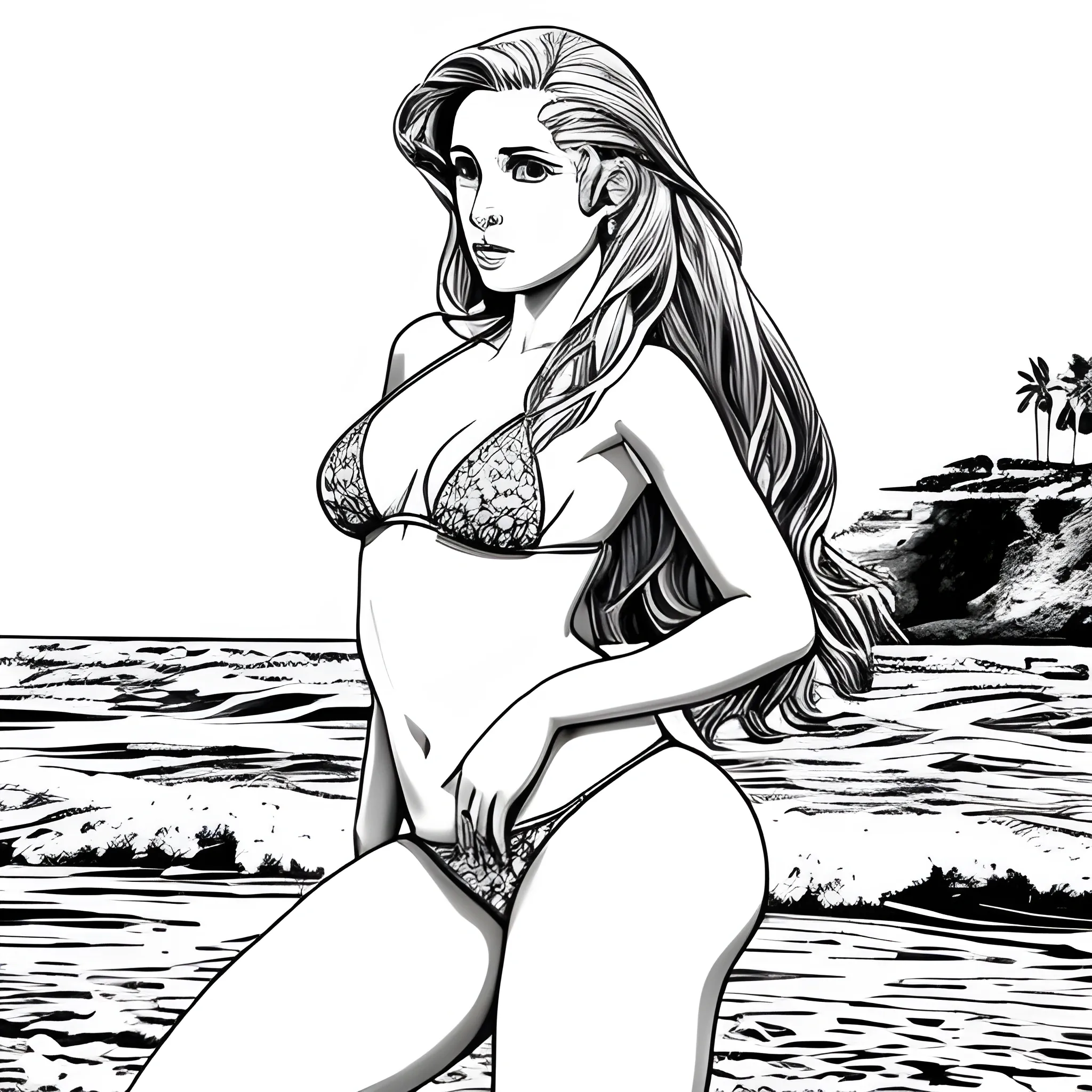 dibujo para colorear de hermosa mujer en bikini, sentada con pose sensual a la orilla del mar