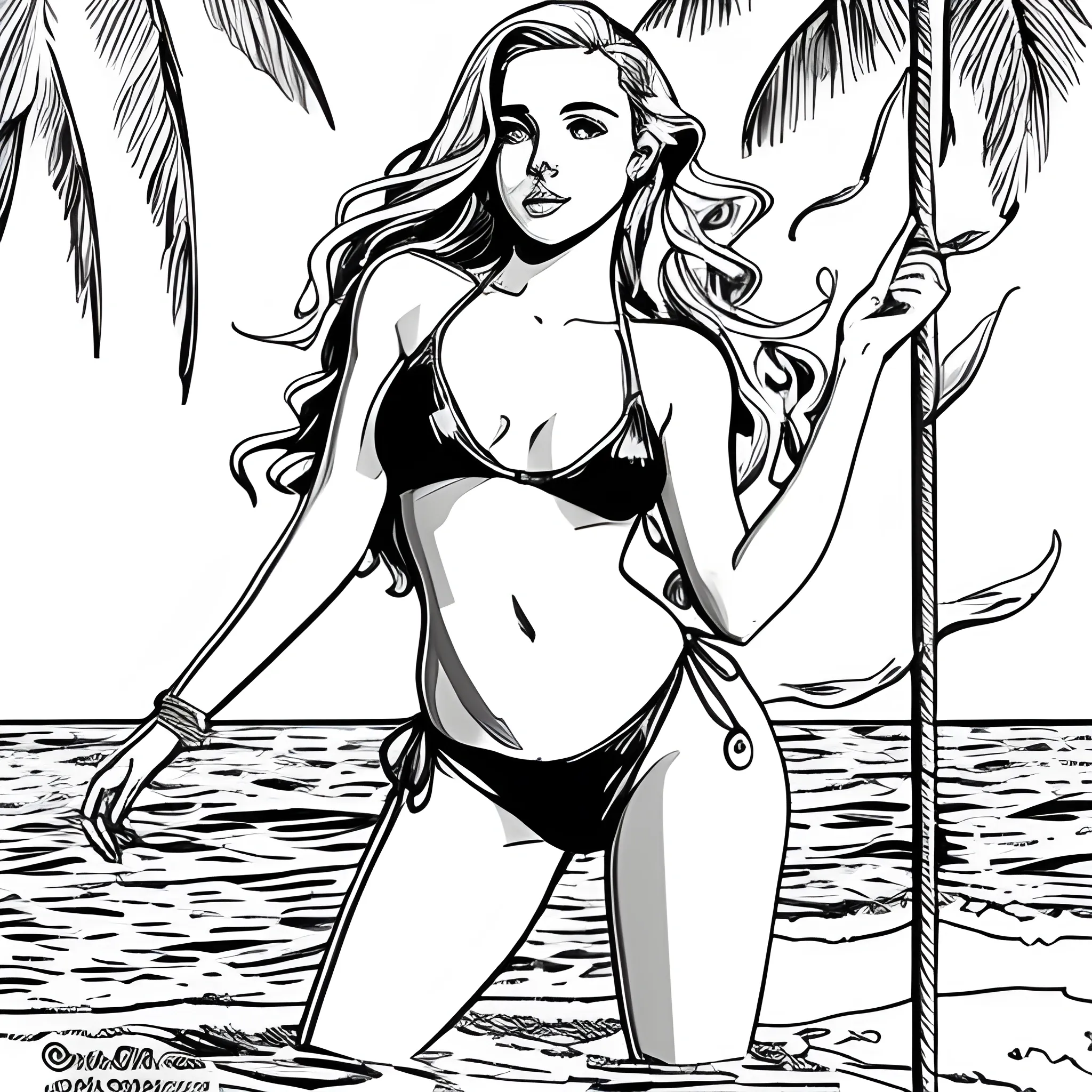 dibujo para colorear de hermosa mujer en bikini, sentada con las piernas abiertas y pose sensual a la orilla del mar