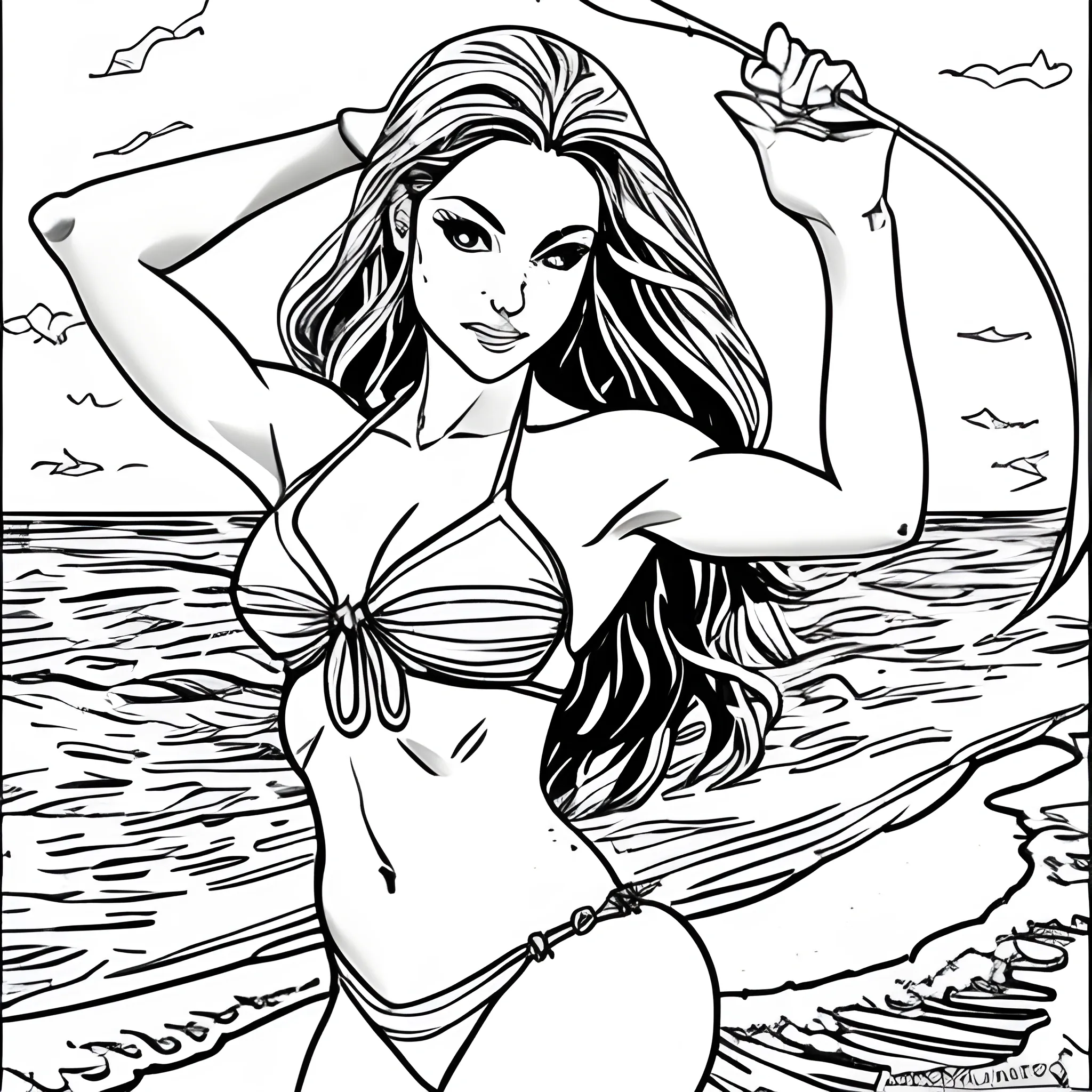 dibujo para colorear de hermosa mujer en bikini, arrodillada con pose sensual a la orilla del mar