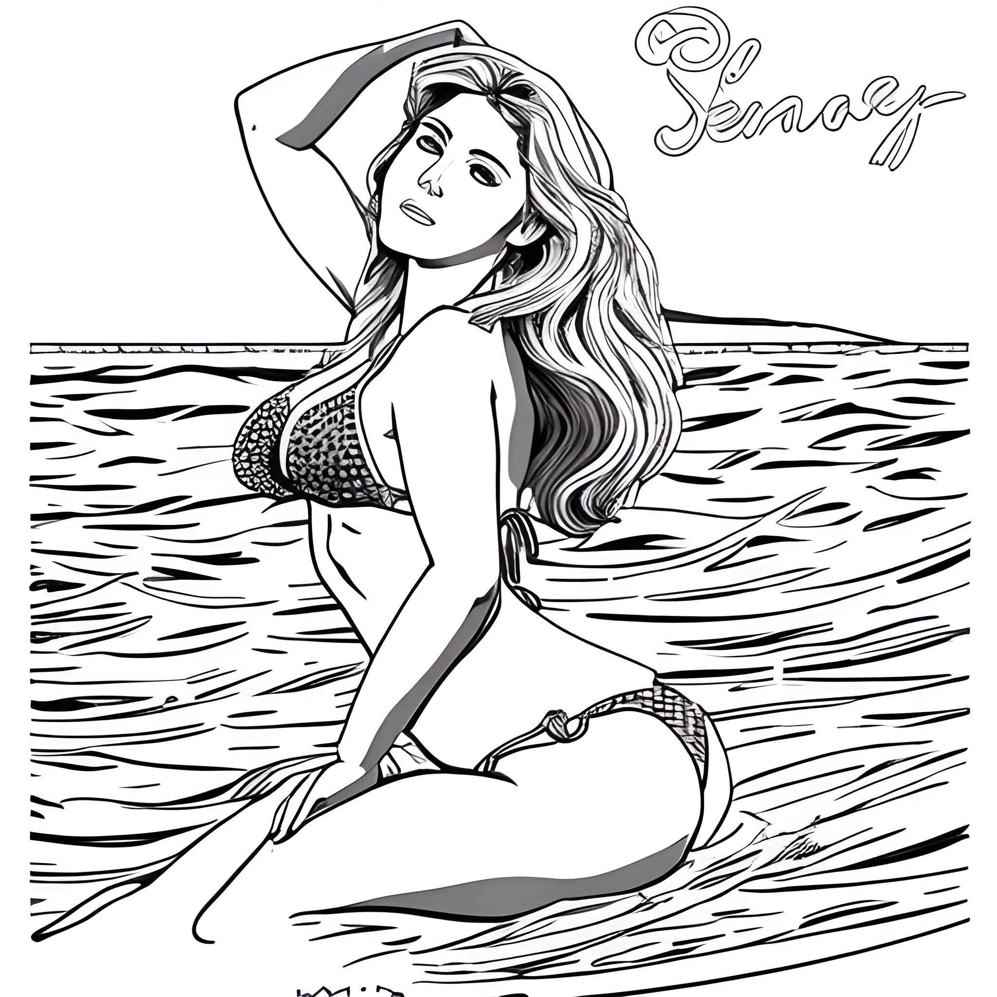 dibujo para colorear de hermosa mujer en bikini, sentada con pose sensual a la orilla del mar