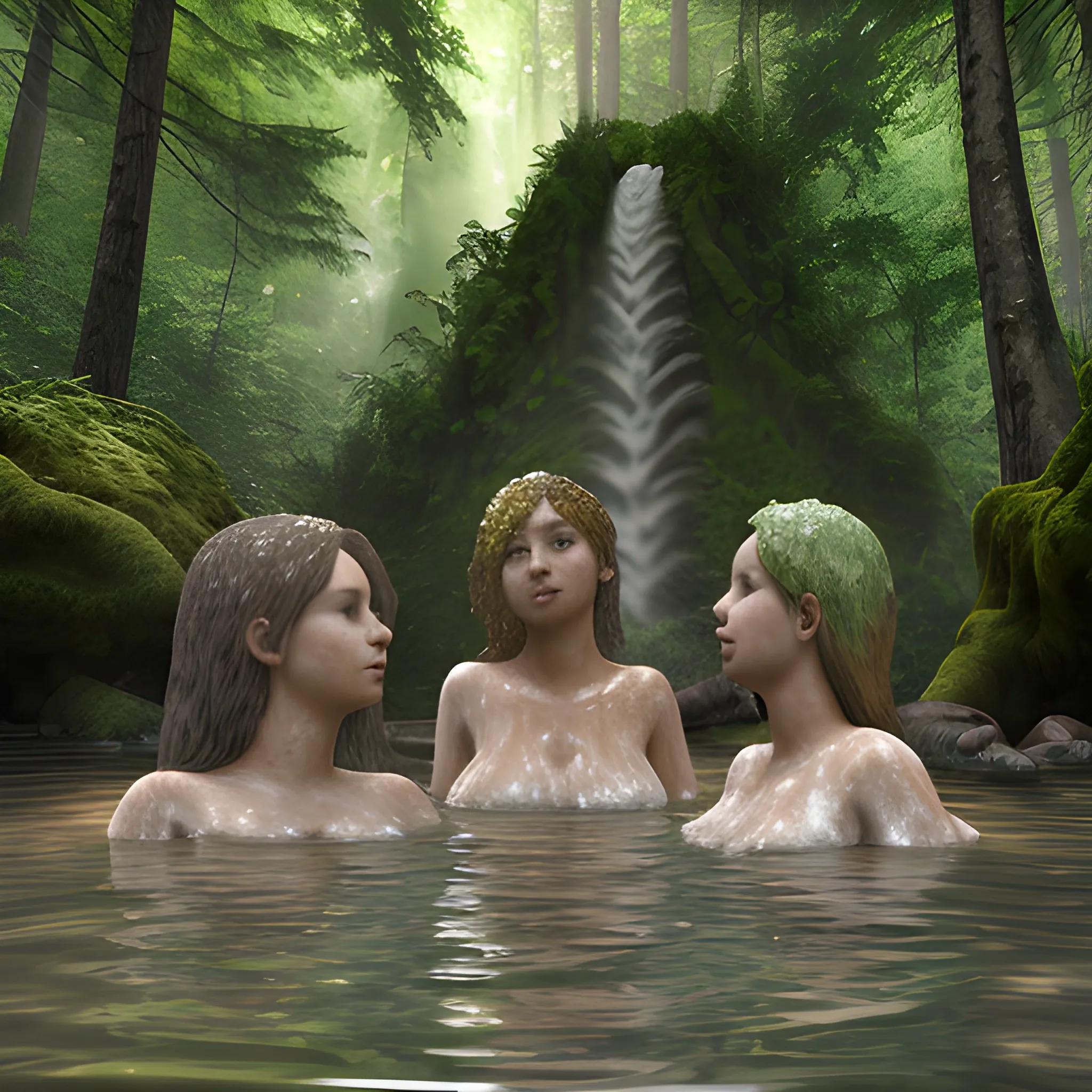 
A group of beautiful women bathe under the waterfall in Old-growth forest, 3D