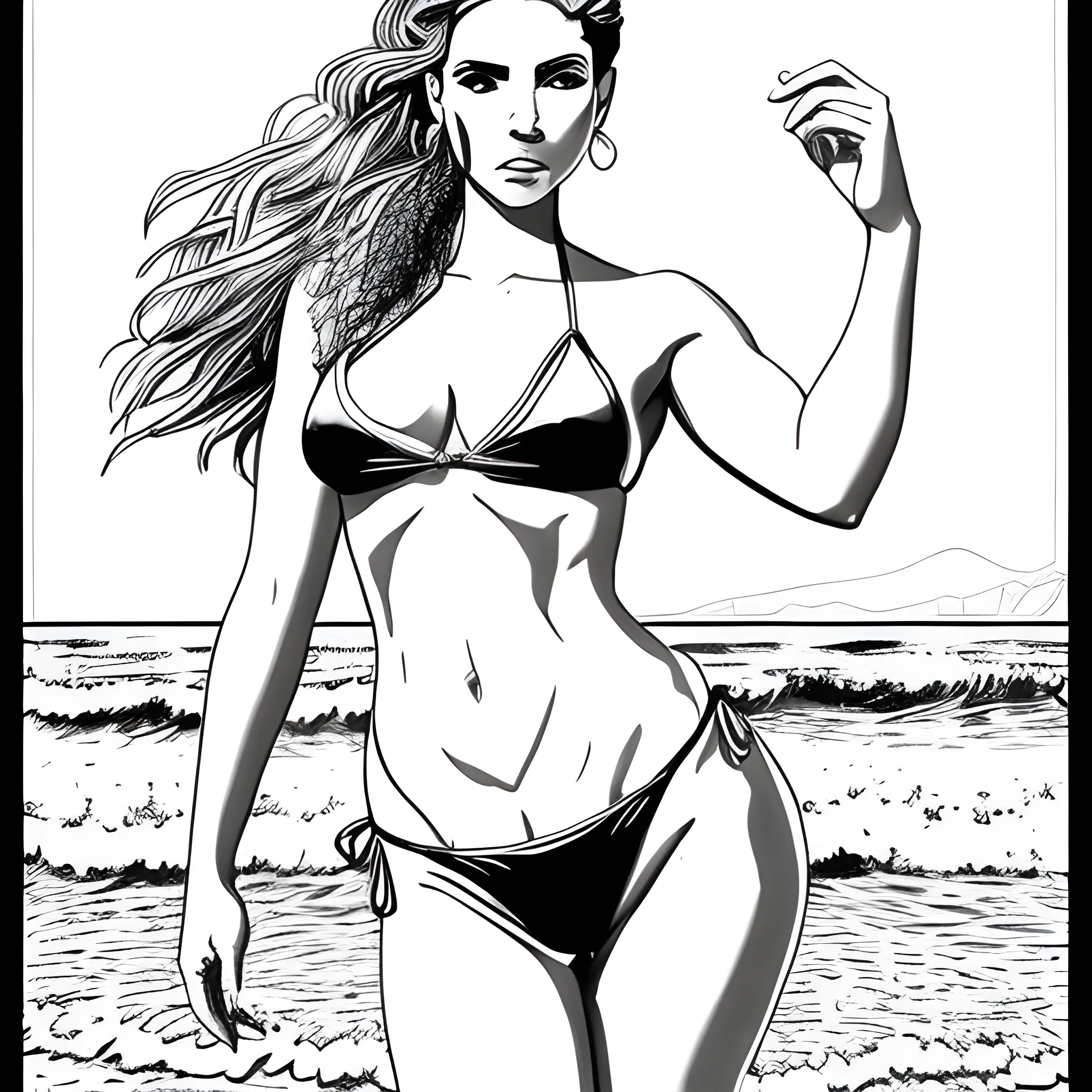 dibujo para colorear de hermosa mujer en bikini, acostada con pose sensual a la orilla del mar