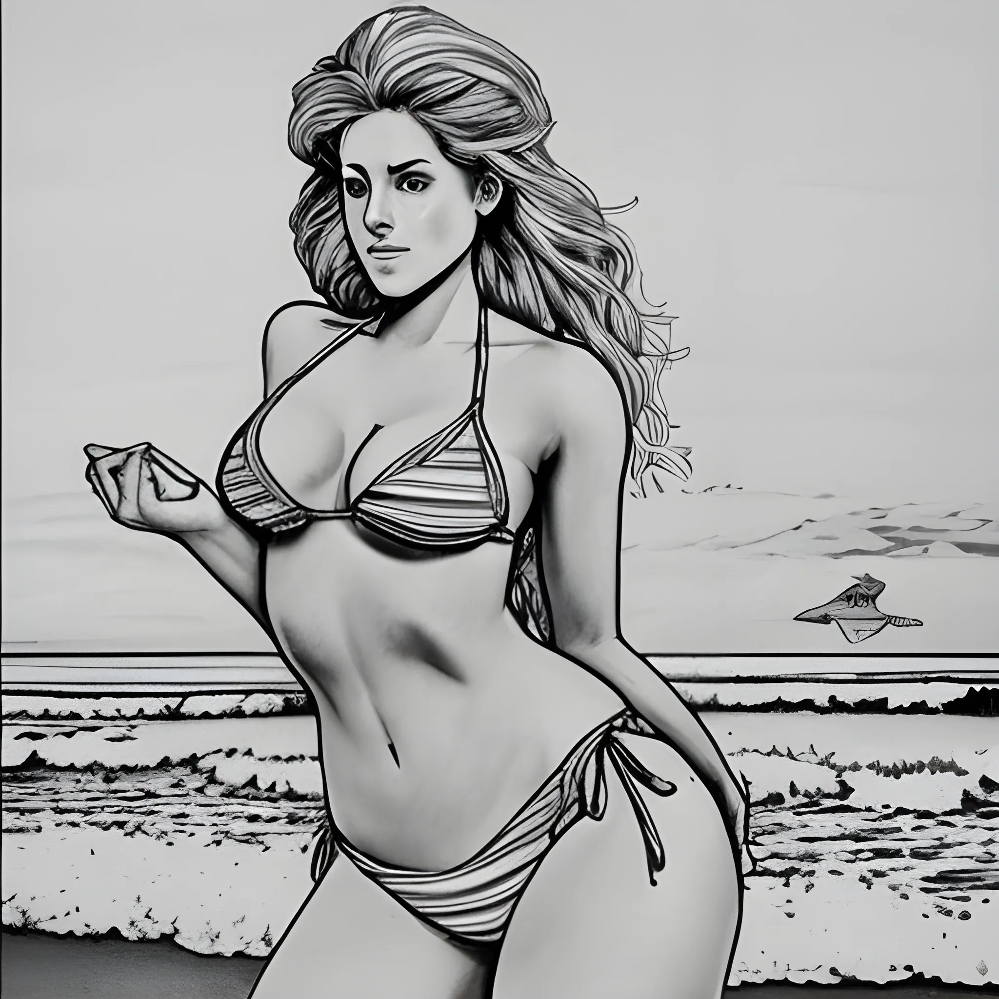 dibujo para colorear de hermosa mujer en bikini, semi sentada con pose sensual a la orilla del mar