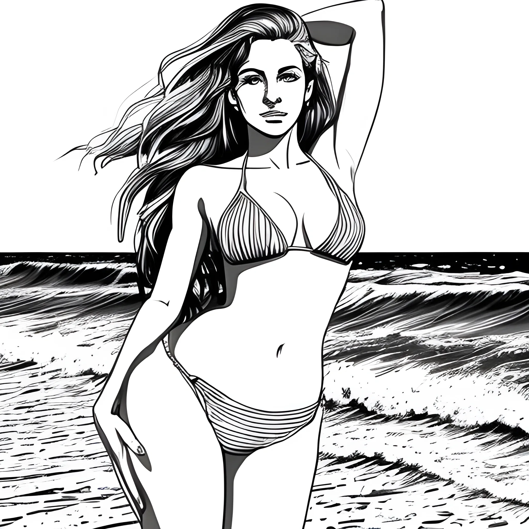 dibujo para colorear de hermosa mujer en bikini, con pose sensual a la orilla del mar