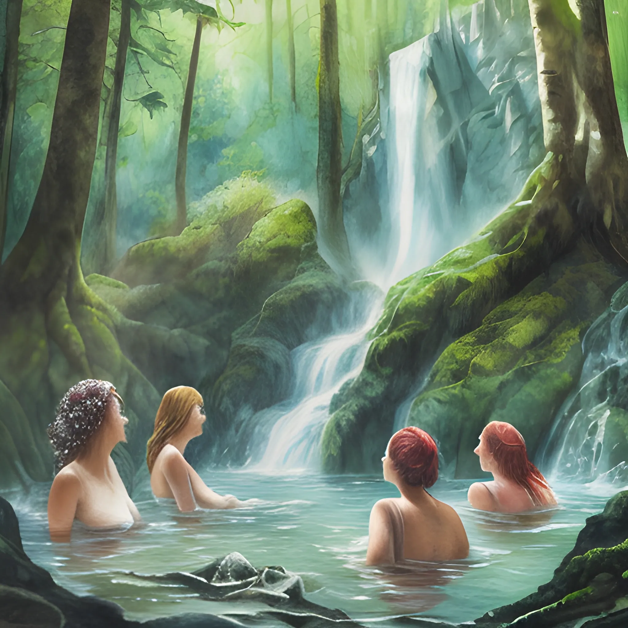 
A group of beautiful women bathe under the waterfall in Old-growth forest
, Water Color