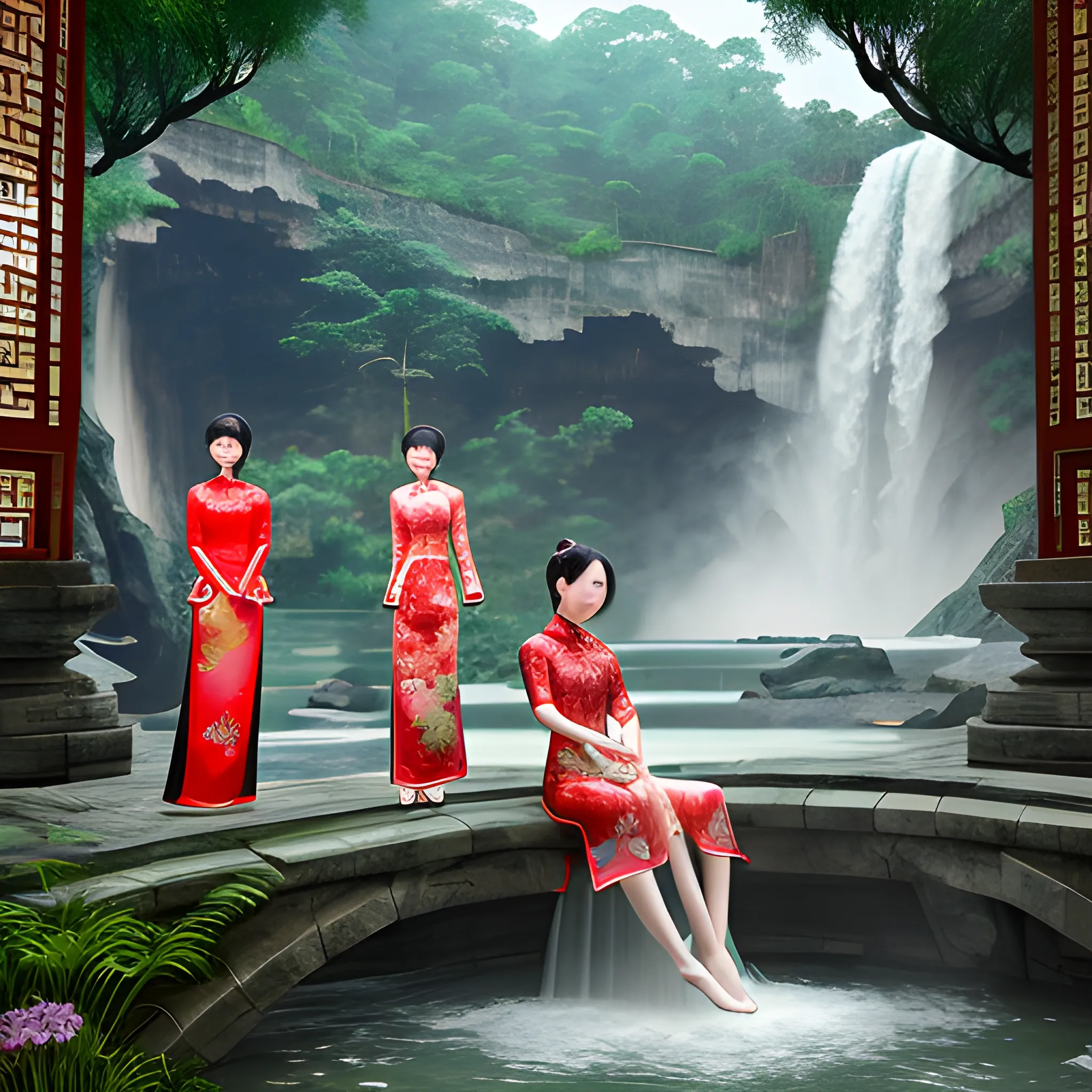 A group of beautiful women wearing cheongsam, with straight features, bathed under the waterfall of an ancient forest, 3D