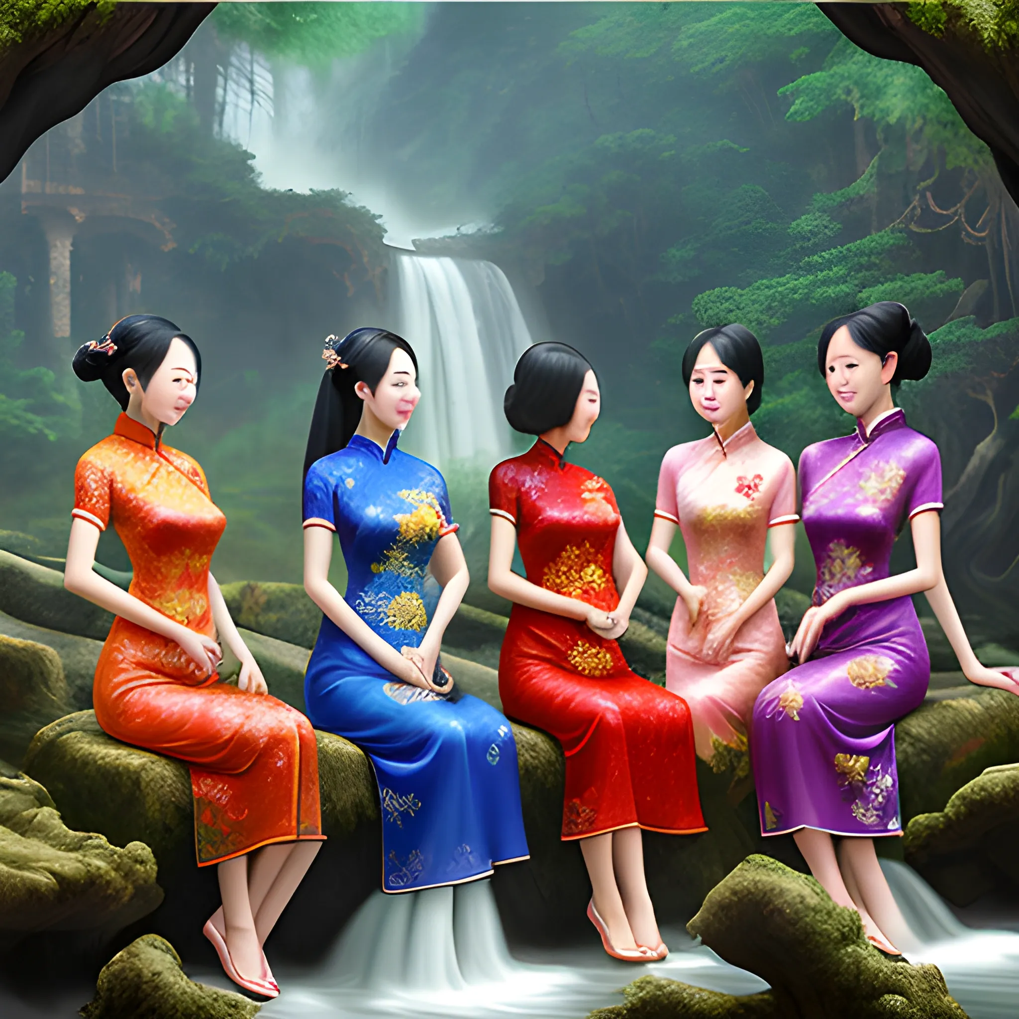 A group of beautiful women wearing cheongsam, with straight features, bathed under the waterfall of an ancient forest, 3D, Oil Painting