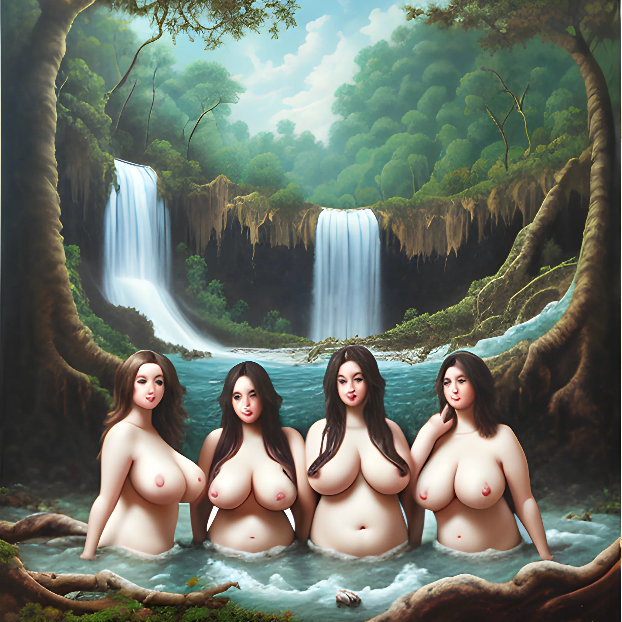 A group of sexy, plump, protruding and upturned beauties bathing under the waterfall of an ancient forest, Oil Painting