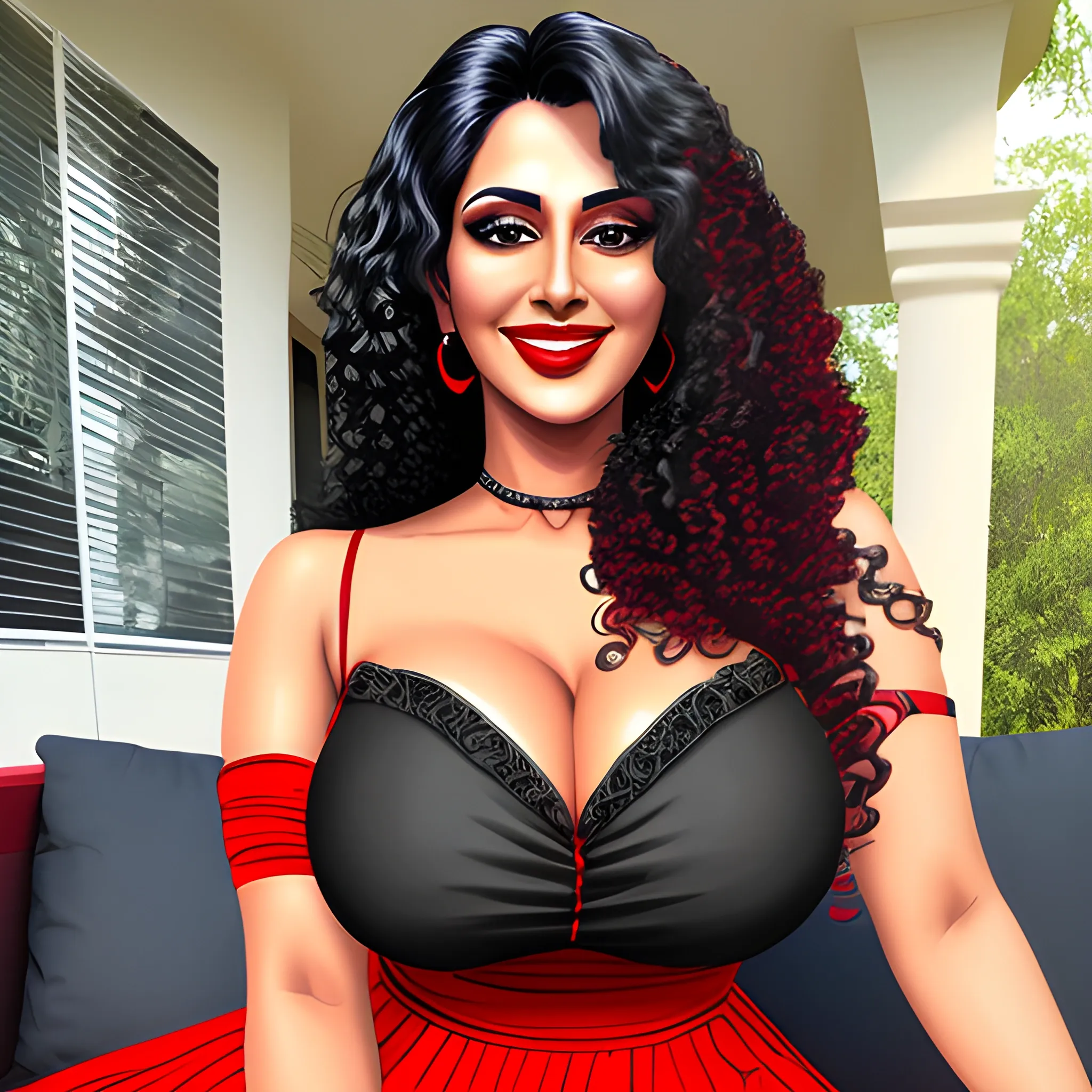 Cute smile, black blueish long curly hair, biggest chest, red reddish miniskirt, outdoors, in home , sitting on sofa seat, extra extremely extra extreme bigger-sized chest in , red black, extra extreme bigger sized thigh,
Color, a real indian bhabhi,mom girl, black body, attractive dress, real Sketch painting 