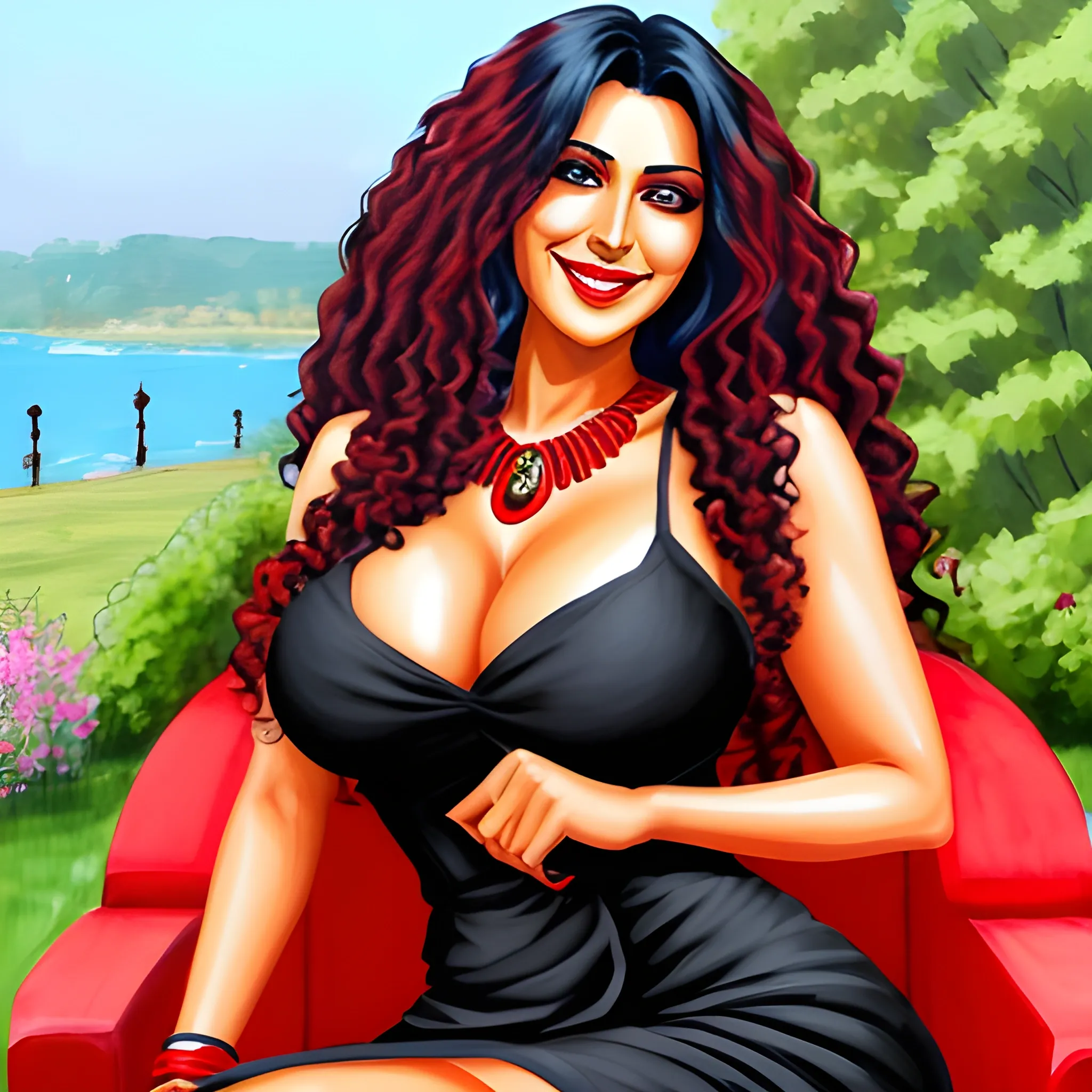 Cute smile, black reddish extreme long curly hair, biggest chest, blue reddish miniskirt, outdoors, in home , sitting on sofa seat, extra extremely extra extreme bigger-sized chest in , red black, extra extreme bigger sized thigh,
Color, a real indian bhabhi,mom girl, black body, attractive dress, real Sketch painting 