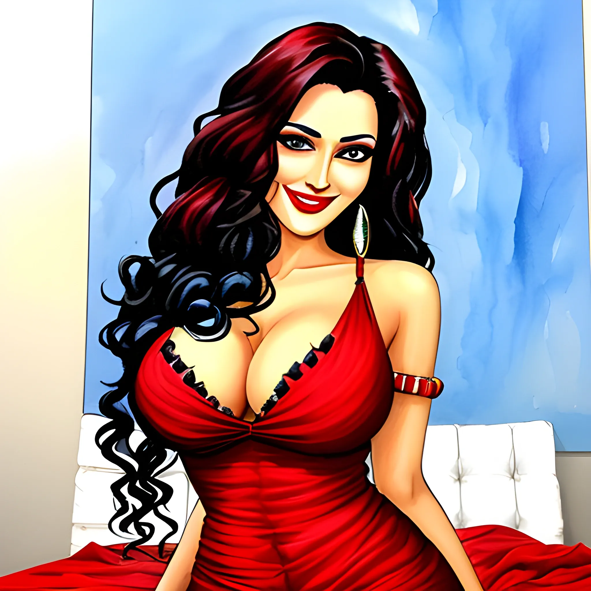 Cute smile, black reddish extreme long curly hair, biggest chest, blue reddish miniskirt, indoors, in home , sitting on bed seat, extra extremely extra extreme bigger-sized chest in , red black, extra extreme bigger sized thigh,
Color, a real indian bhabhi,mom girl, black body, attractive dress, real Sketch painting 