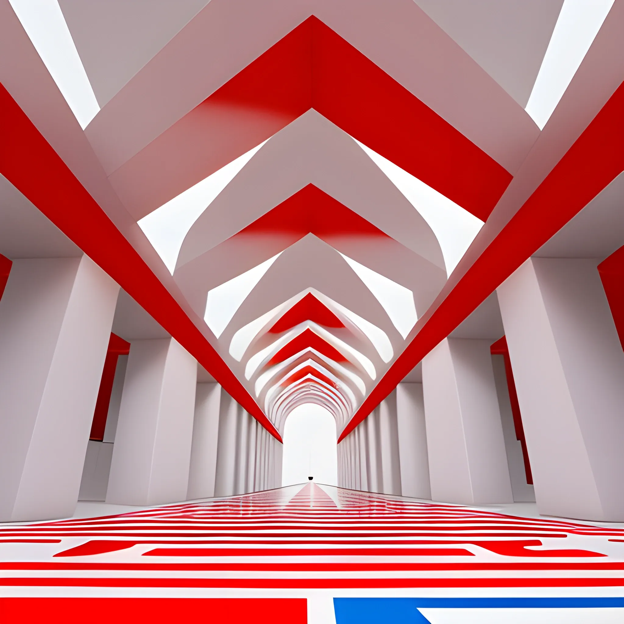 Labyrinth of white marble walls surrounded by abstract geometric shapes of different colors and gradients, the right path in the labyrinth is red, at the end of the path there is a red flag, the image is in perspective, high detail, 3D