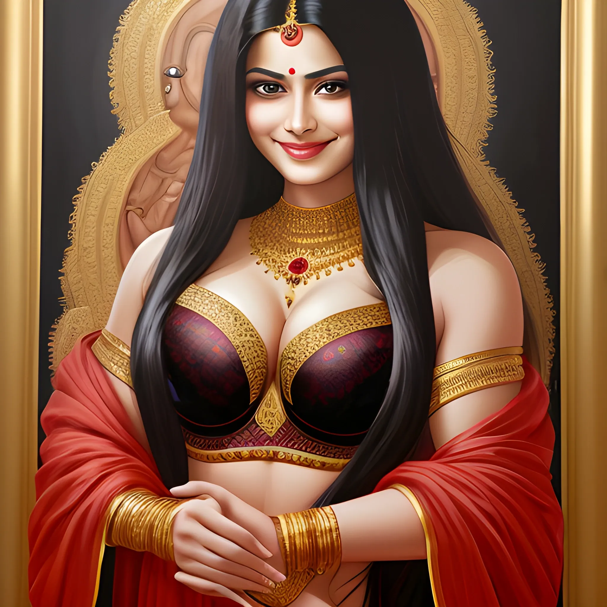 Cute smile, black reddish extremely long open hair, biggest chest, indoors, in home,extra extremely extra extreme bigger-sized chest in , wearing gold,Detailed Bra and Sheer Suite, a real indian professional painting painting with 5000 dpi