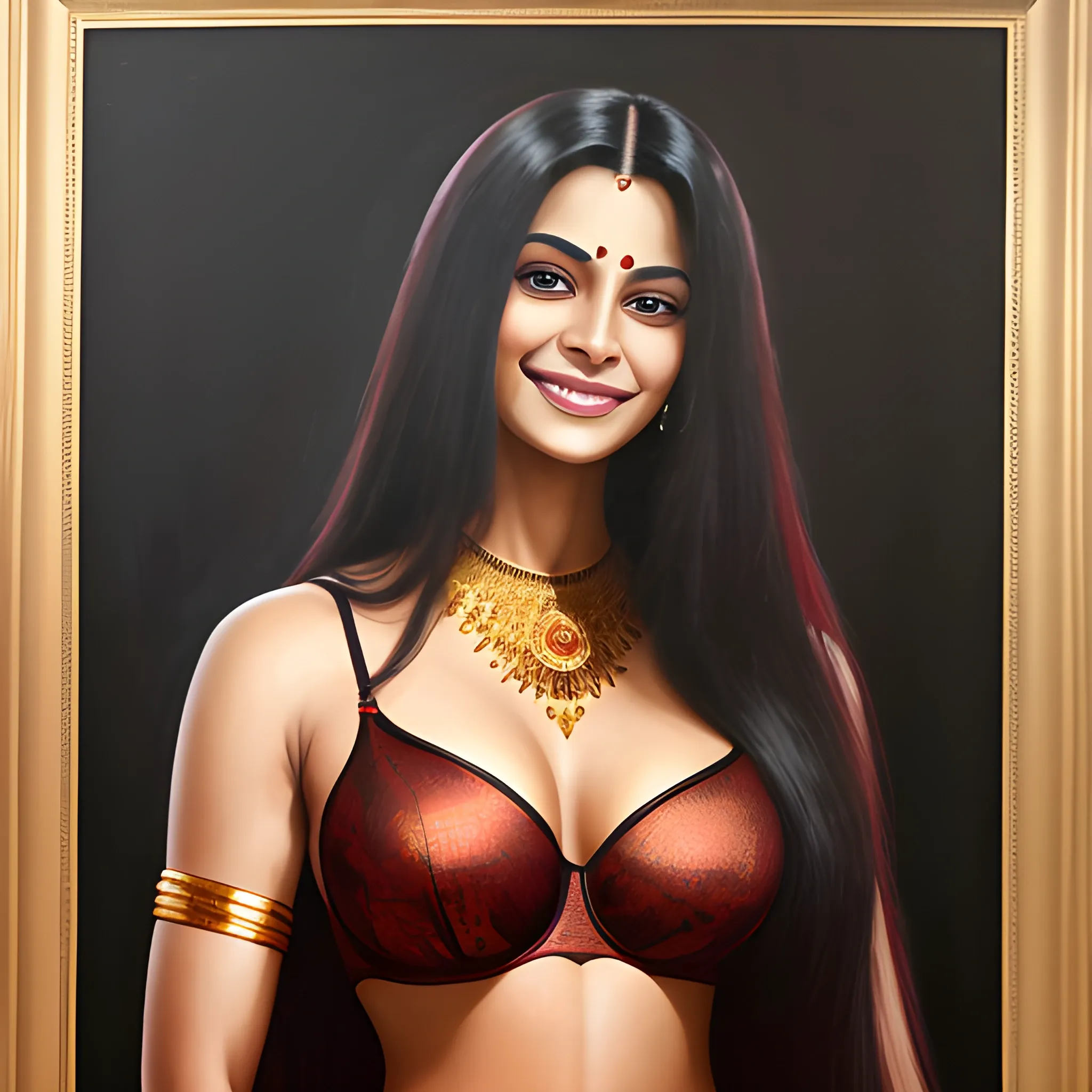 Cute smile, black reddish extremely long open hair, biggest chest, indoors, in home,extra extremely extra extreme bigger-sized chest in , wearing gold,thin Bra and Sheer Suite, a real indian professional painting painting with 50000 dpi