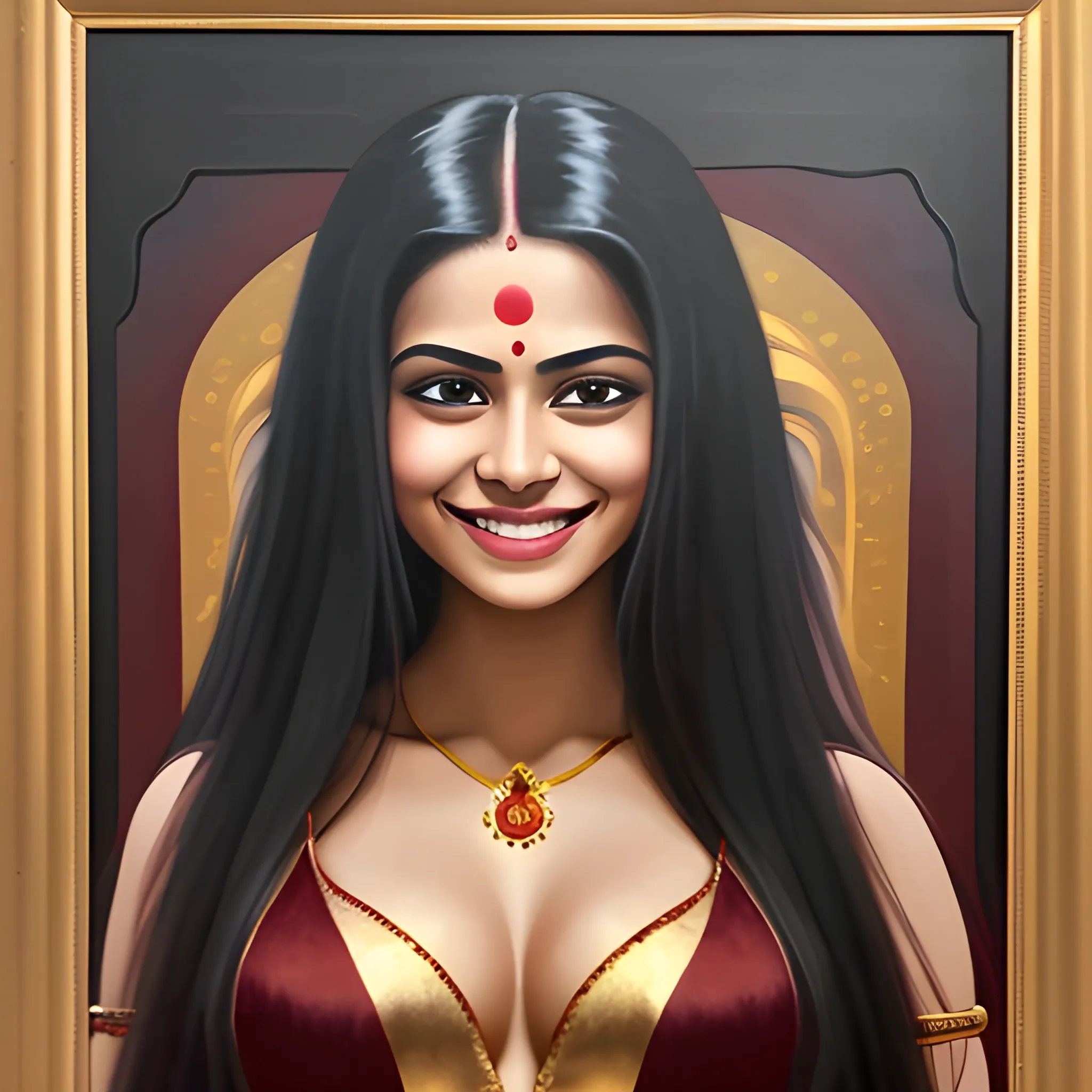 Cute smile, black reddish extremely long open hair, biggest chest, indoors, in home,extra extremely extra extreme bigger-sized chest up in , wearing gold,thin Bra and Sheer Suite, a real indian professional painting painting with 50000 dpi