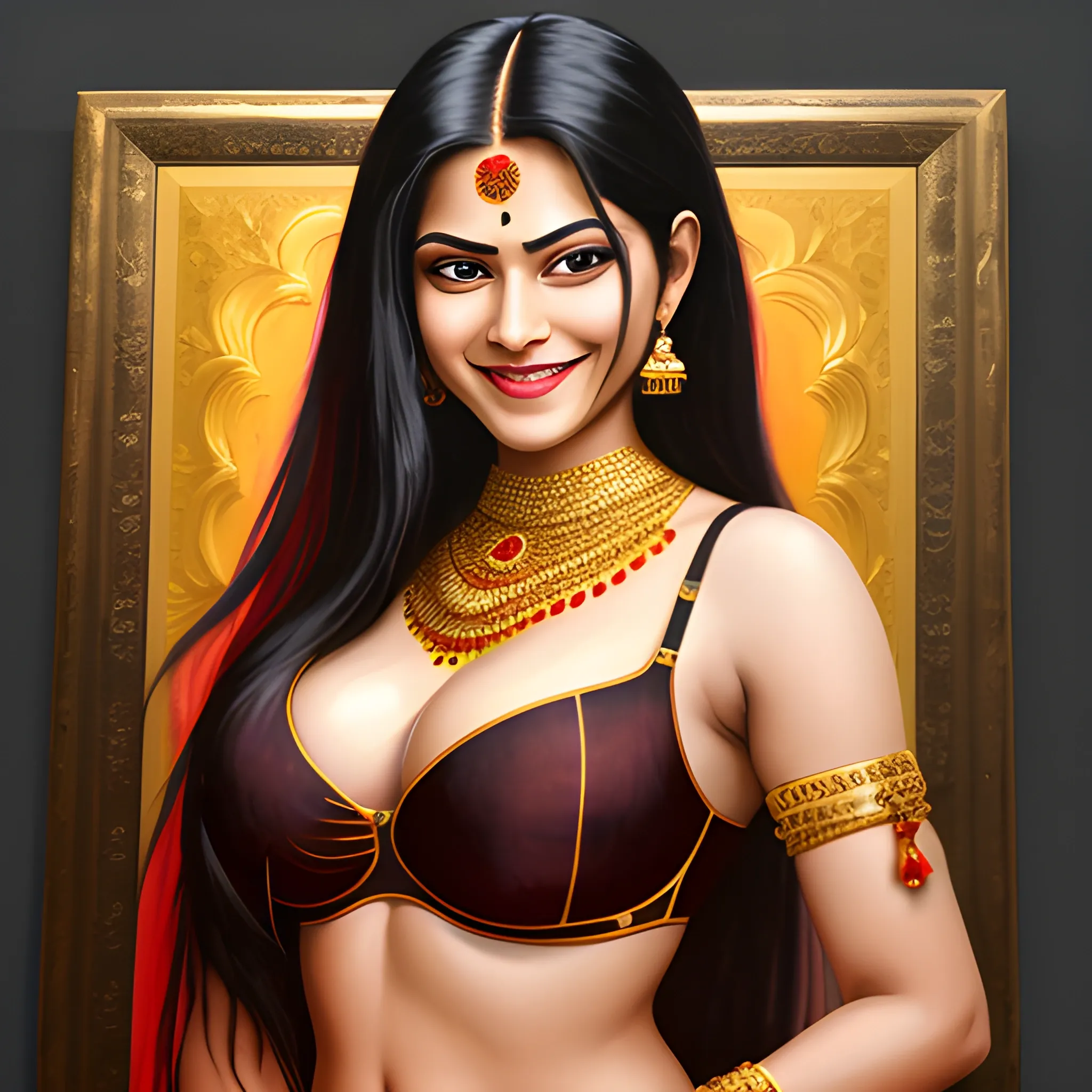 Cute smile, black reddish extremely long open hair, biggest chest, indoors, in home,extra extremely extra extreme bigger-sized chest up in , wearing gold,thin Bra Suite, a real indian professional painting painting with 50000 dpi