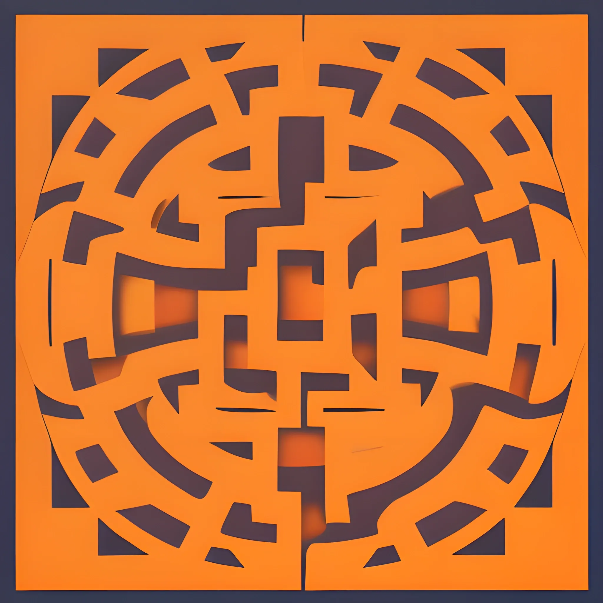 An abstract maze of a square shape with rounded corners hovering over fields of geometric shapes, background in warm orange soft colors