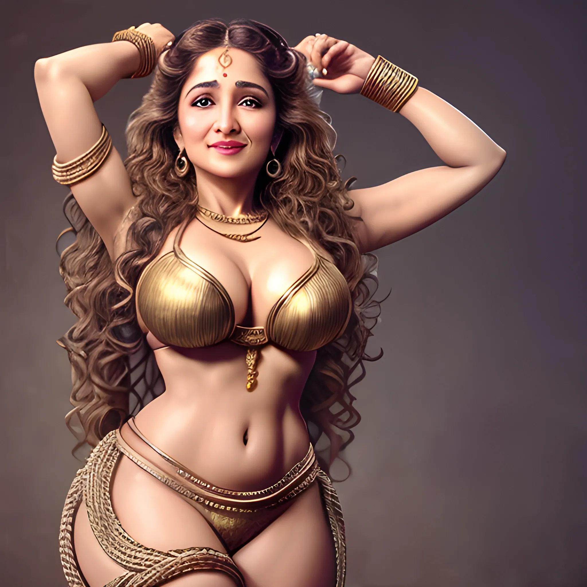  messy long and wavy hair Madhuri Dixit babe in slave leia costume with abs highly detailed masterpiece 4k with a hot expression heavy makeup slave model face high cheekbones very big thighs SFW hyper realistic chained tik tok dance