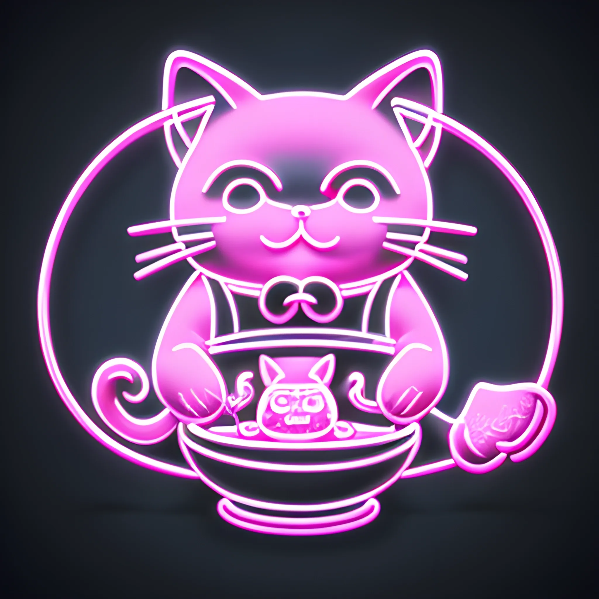 a pink neon sign with a Maneki-neko cat eating nigiri with chops, full shot splash, flat design,  highly detailed, clean, vector image, isometric, vibrant, vector, vintage, rustic, distressed texture, line art, background black, no shadows, 16k, focus, deviant art masterpiece, 3D, 3D, Trippy, Trippy, Trippy