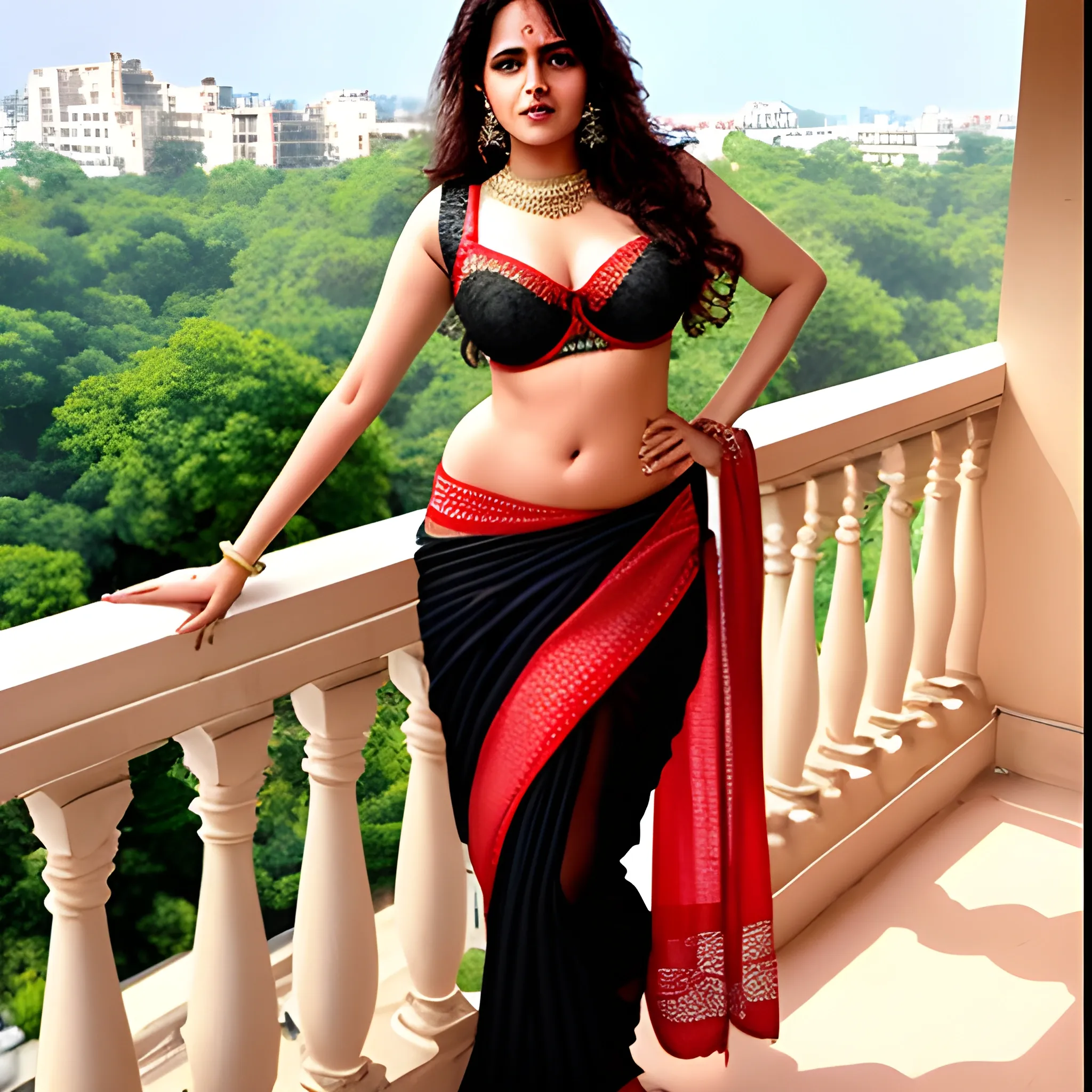 Anjali Sharma extra big thighs naughty teacher cosplay standing on the balcony la senza lingerie model in horny position wearing black red saree

