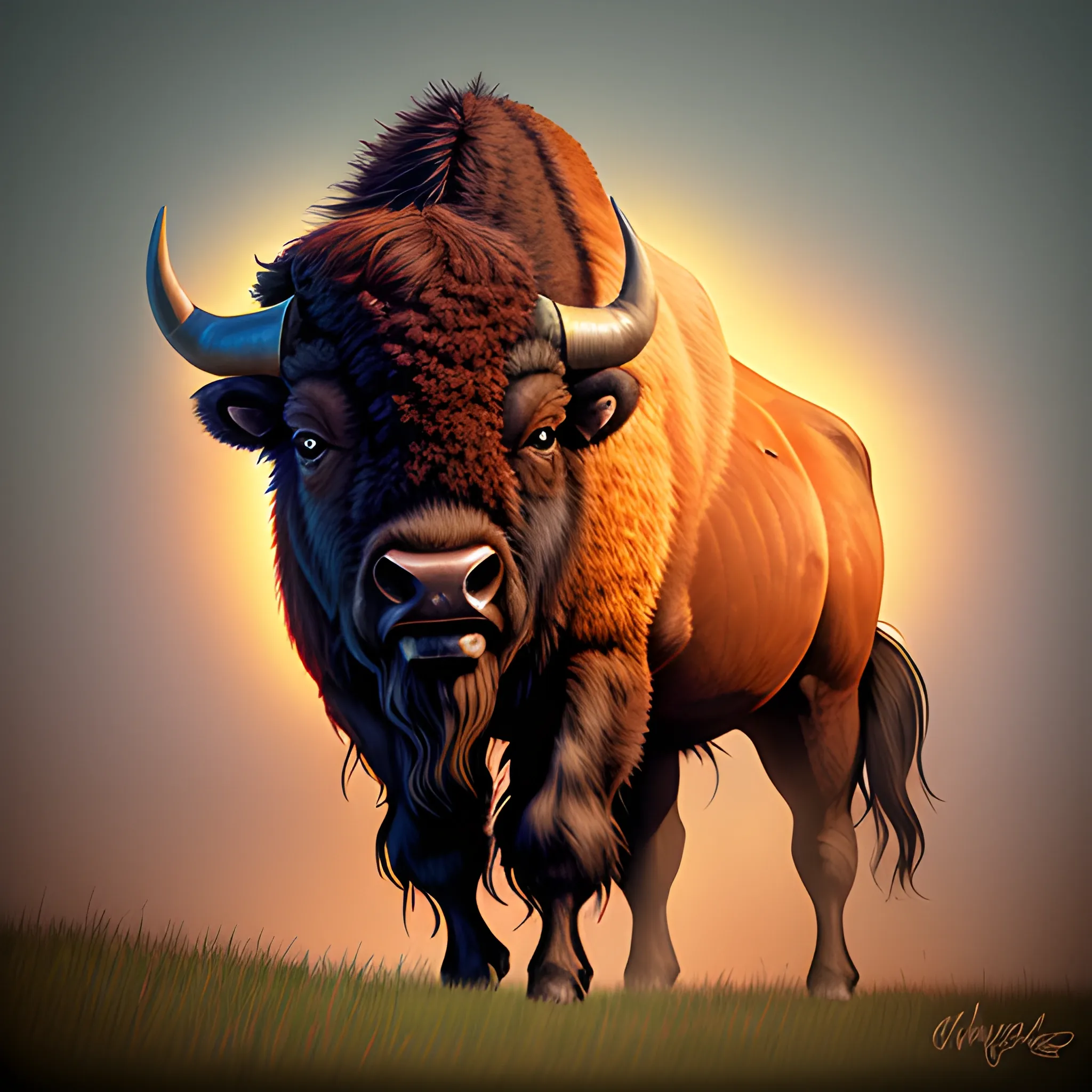 image of a brutal bison looking at you in the morning glow, Cartoon