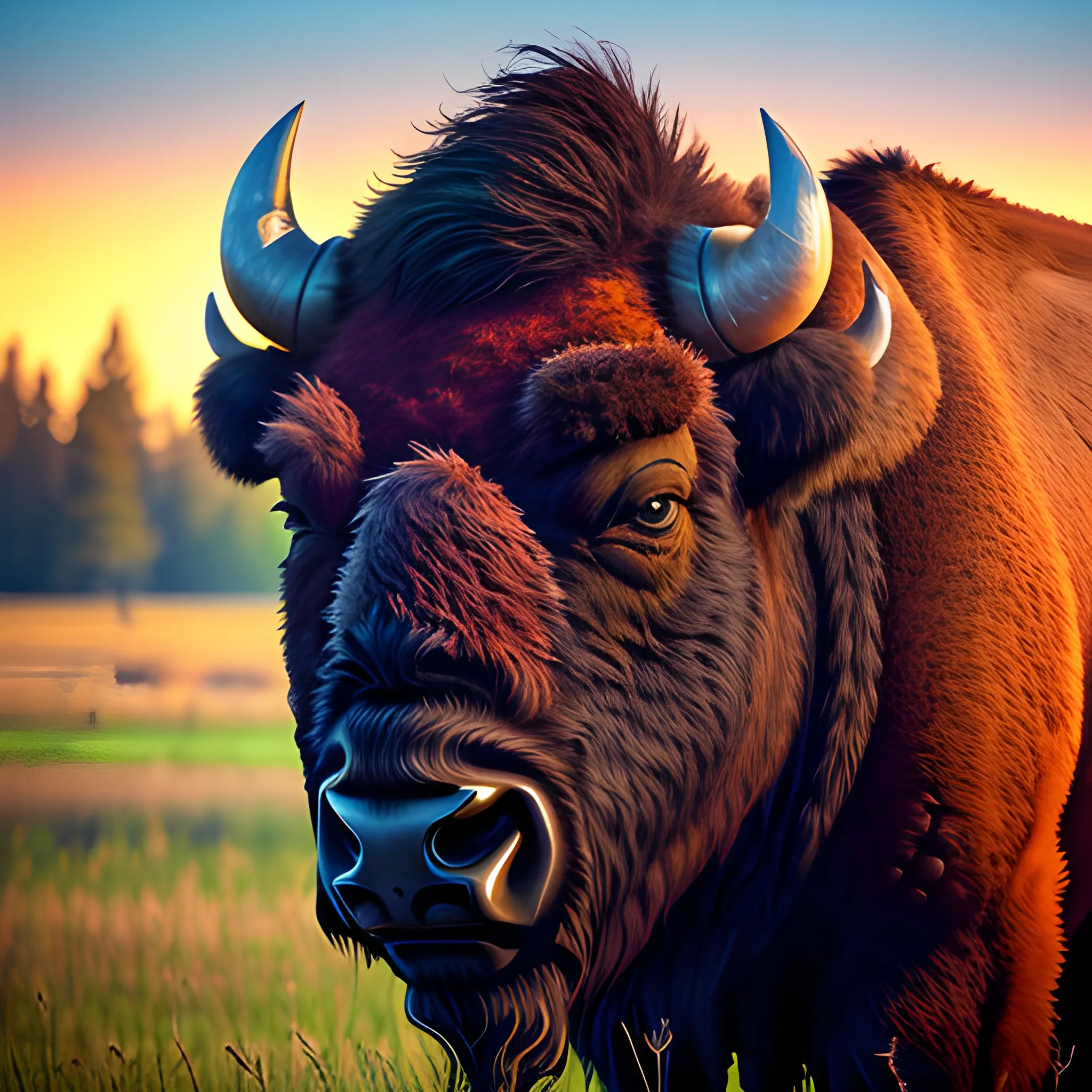 image of a brutal bison looking at you in the morning glow , Trippy