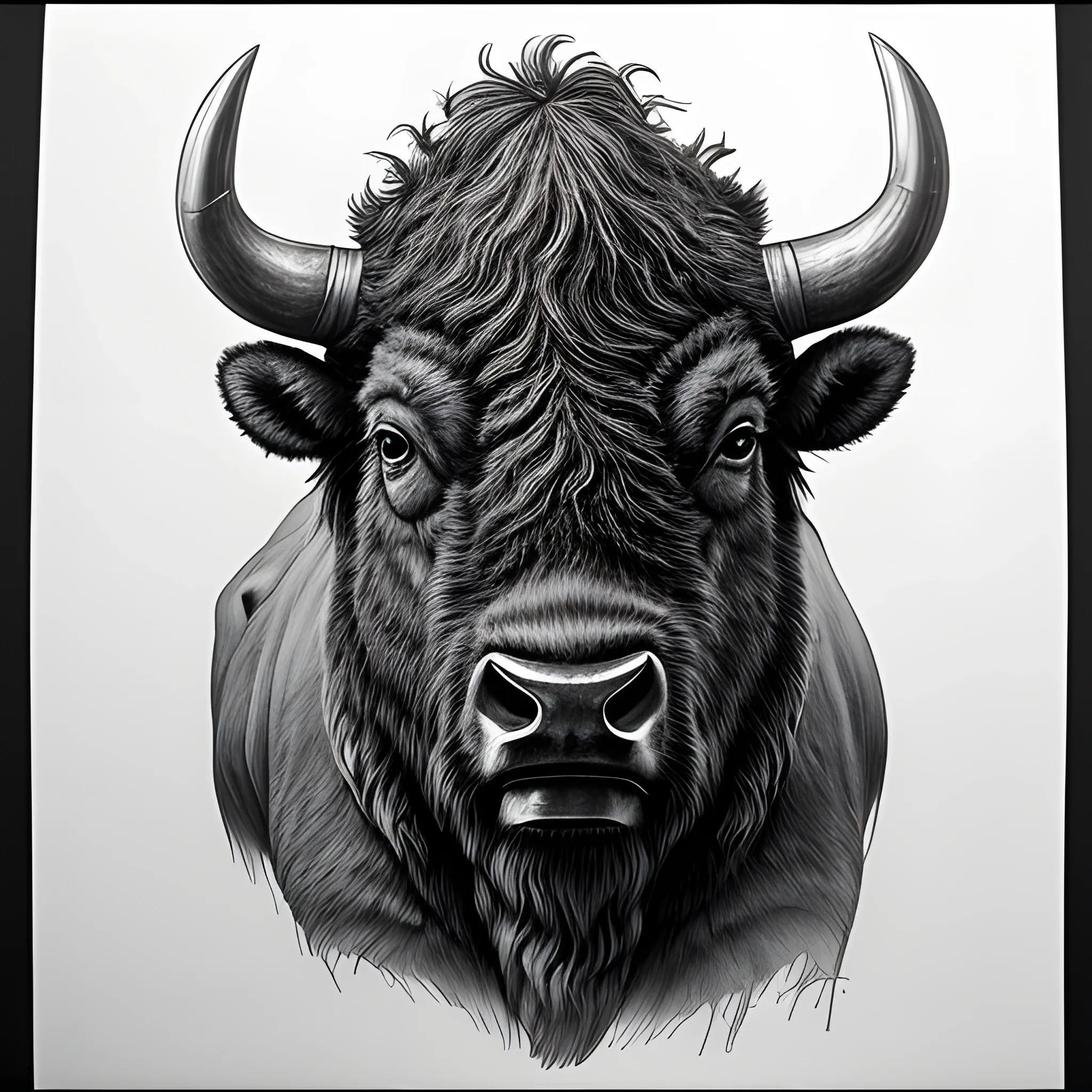 Image of a brutal bison looking at you in the morning glow, Pencil Sketch