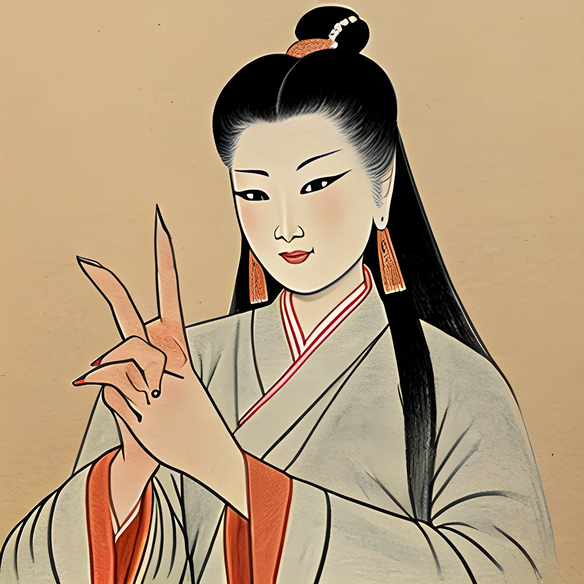 Dynasty Han-style Drawing of women who make a pose with her finger.