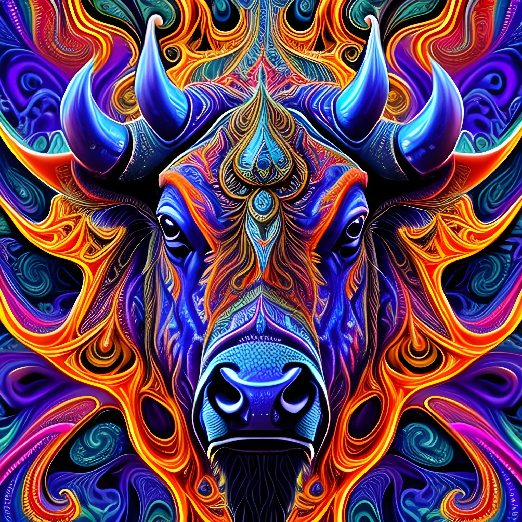 bison, fire psychedelic, filigree laser fractal details, glistening shiny scales, intricate ornate hypermaximalist sharp focus, dramatic lighting, highly detailed and intricate, 