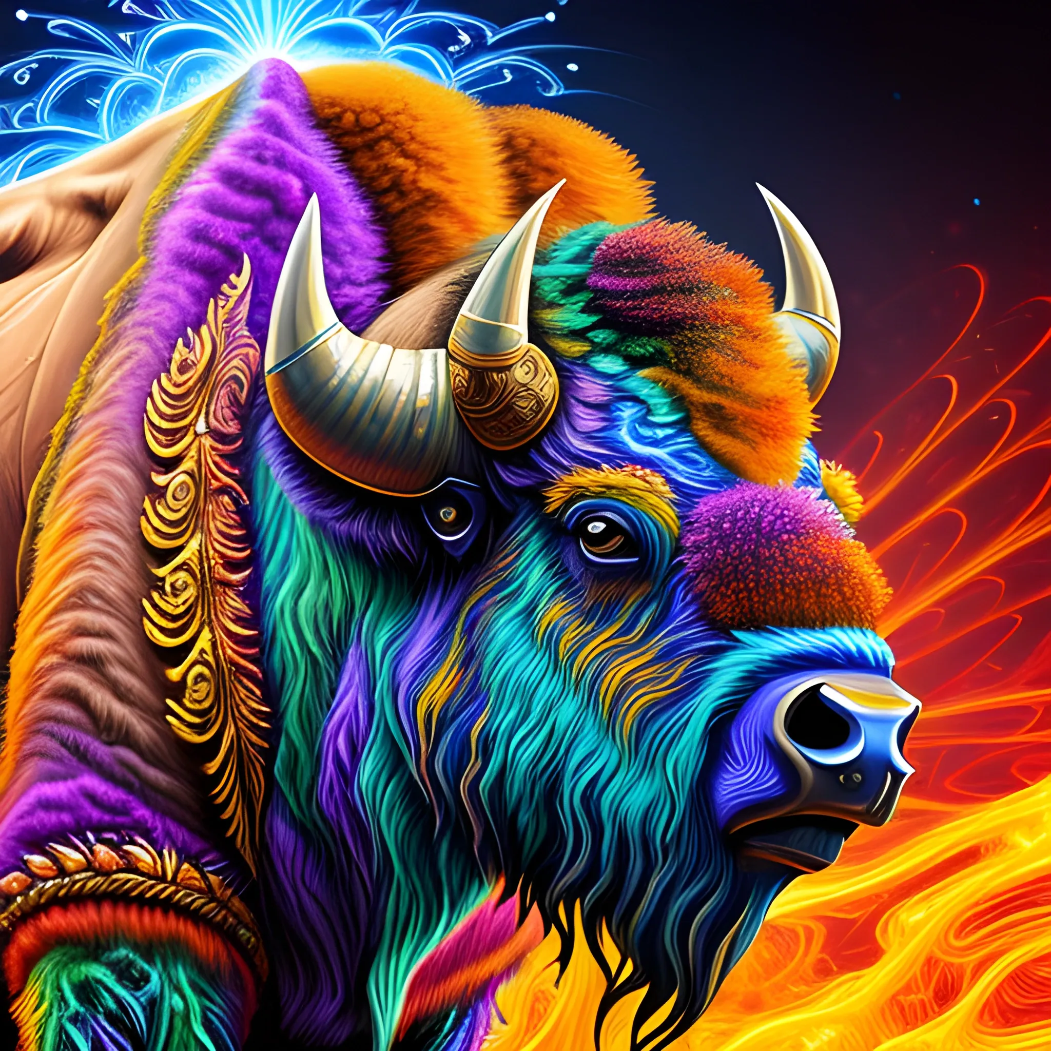 bison, full body view, zoom out, fire psychedelic, filigree laser fractal details, glistening shiny scales, intricate ornate hypermaximalist sharp focus, dramatic lighting, highly detailed and intricate, 