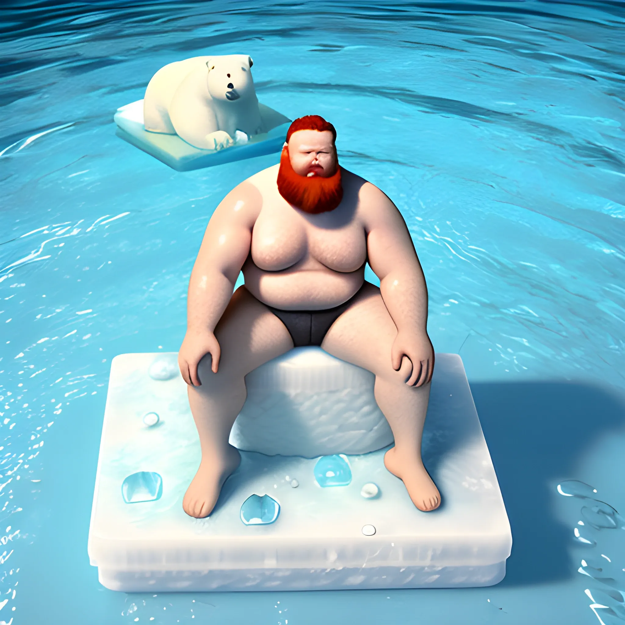 hefty man with short red beard, sitting on a block of ice, in a swimming pool, with a swimming polar bear, 3D