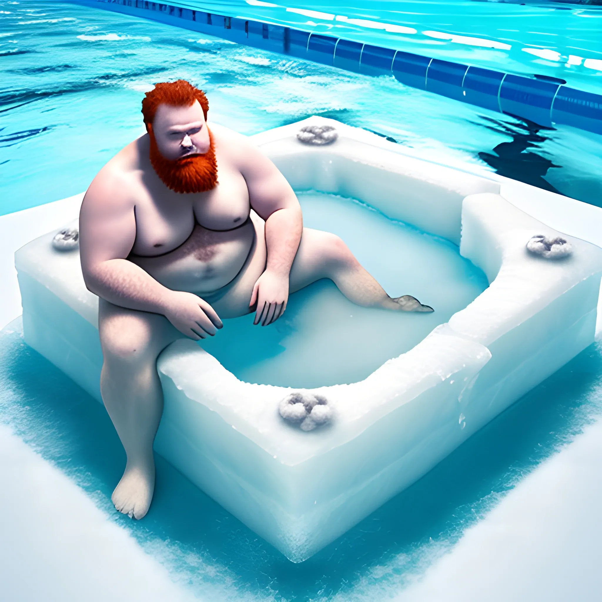 hefty man with very short red beard, sitting on a piece of ice, in a swimming pool, with a white polar bear swimming