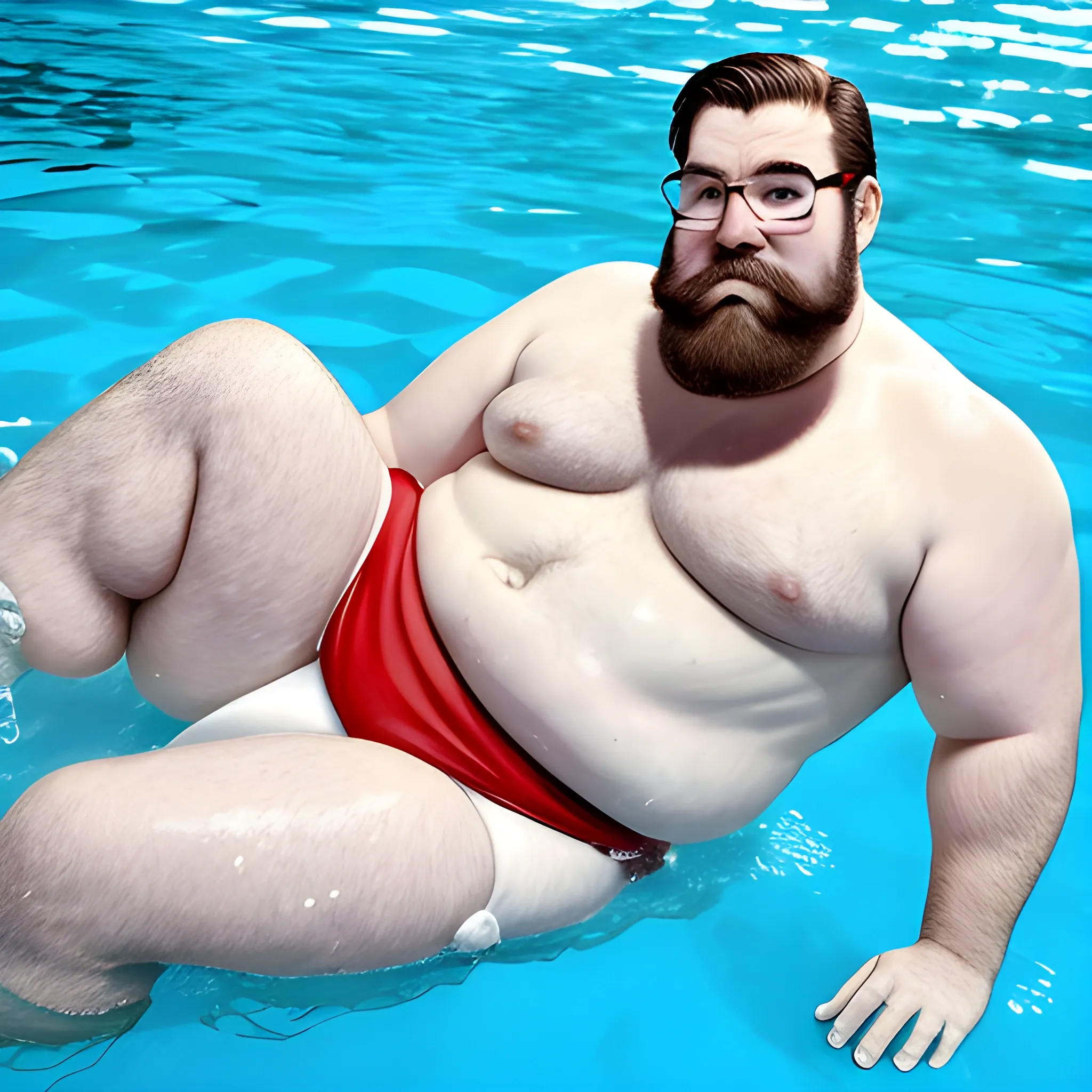 hefty man of the 60s, in a swimming trunks with a very short red-and-white beard, sitting on a piece of ice, in a swimming pool, with a white polar bear swimming
