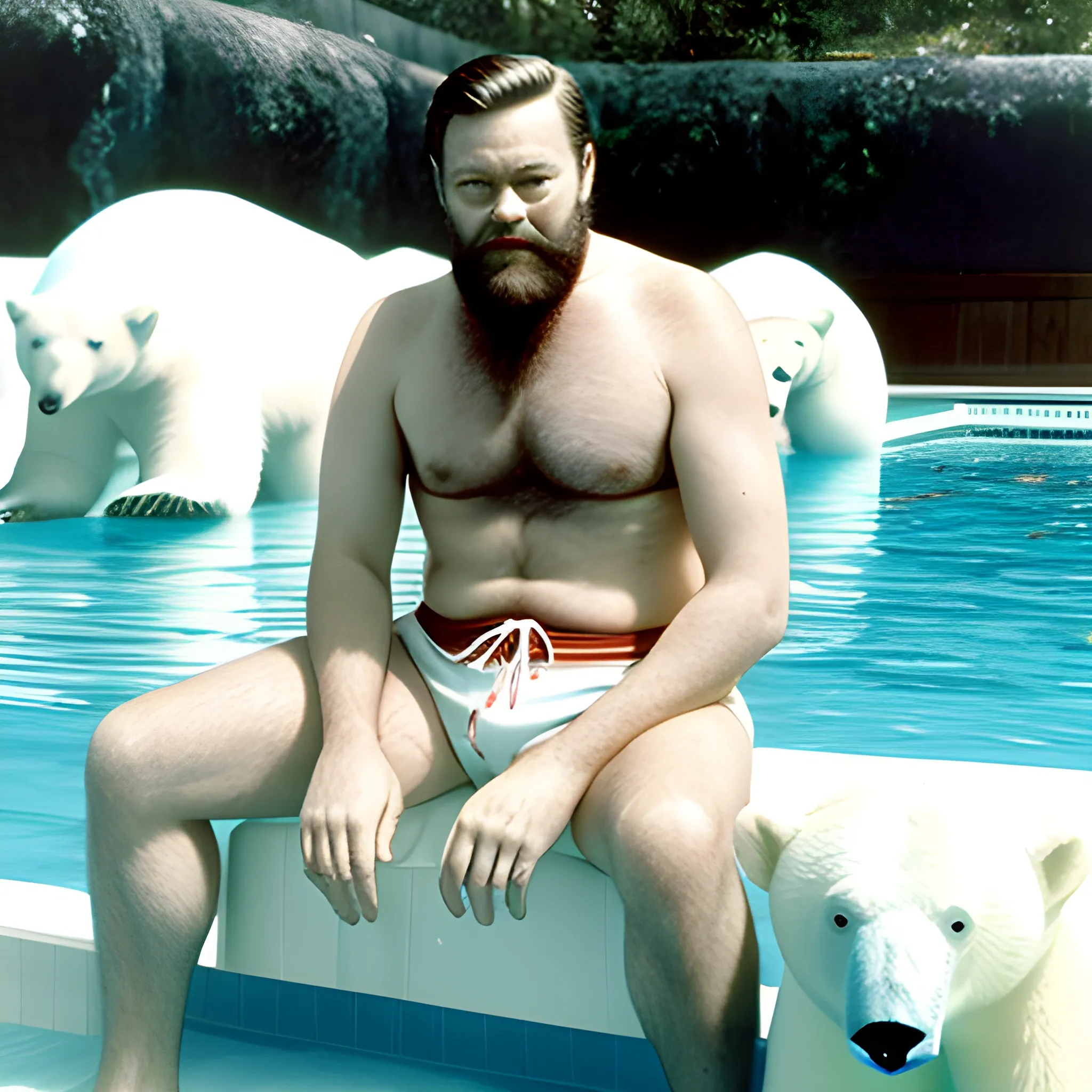 robust man of the 60s, in a swimming trunks, with a very short red-and-white beard, sitting on a piece of ice, in a swimming pool, with a white polar bear swimming
