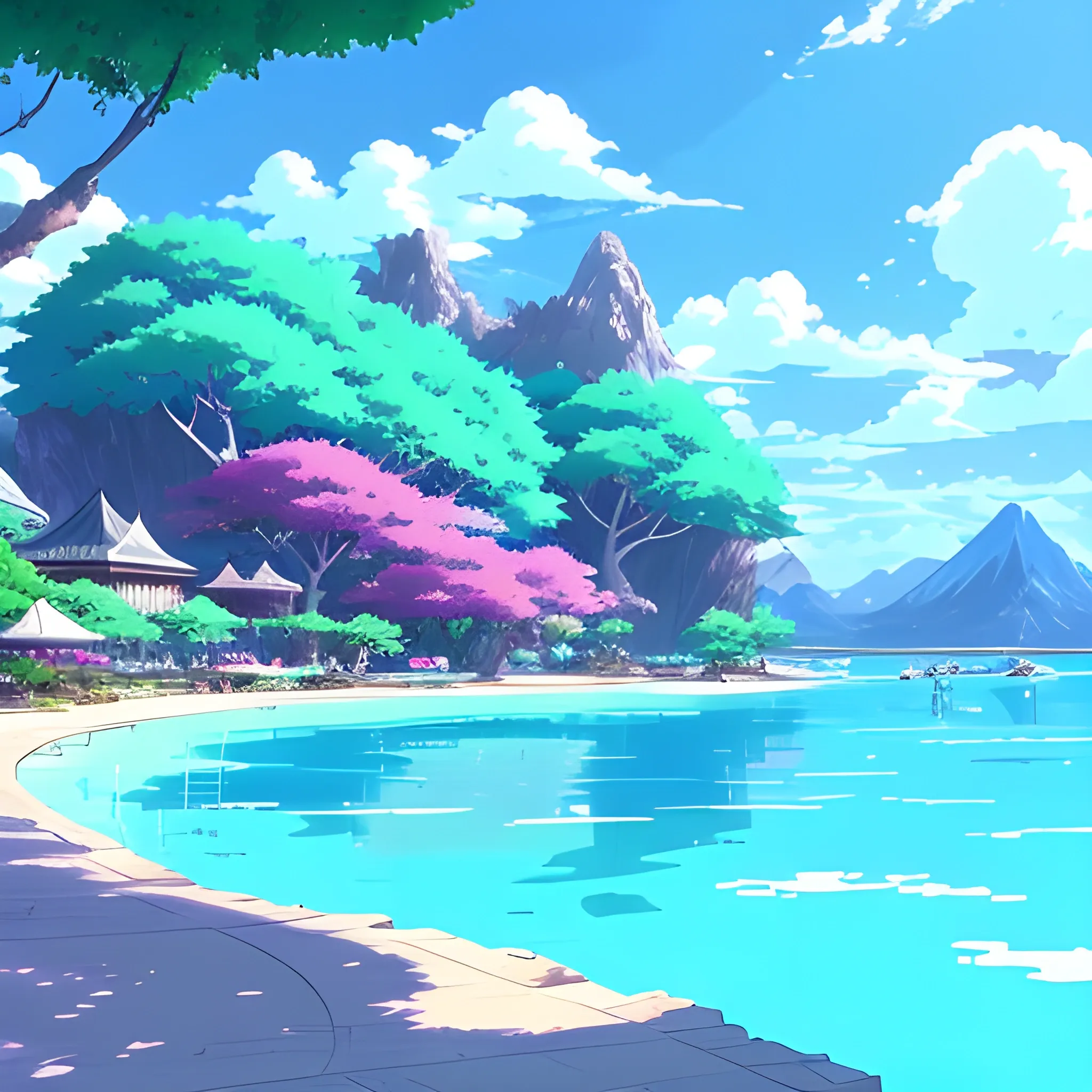 azure bliss lagoon with brand new colors, anime landscape, makoto shinkai and hayao miyazaki, breathtaking, colourful