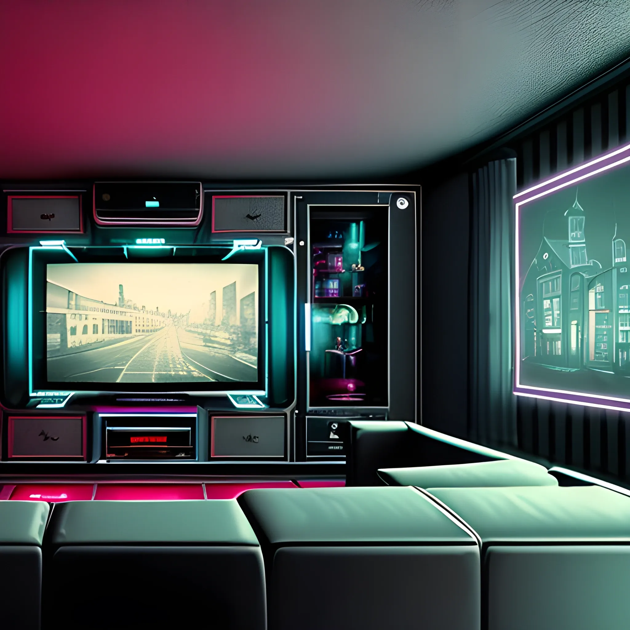 first person view see to the walls of a grey dark house, fov is 100, retro, seeing a smartphone in a right side, little neon lights in ceiling, watching TV, brazil style, vintage style, 8k, ultra hd, unreal engine
a cinematic view, 3 tv, sittting in sofa, with various frames in wall, trippy
