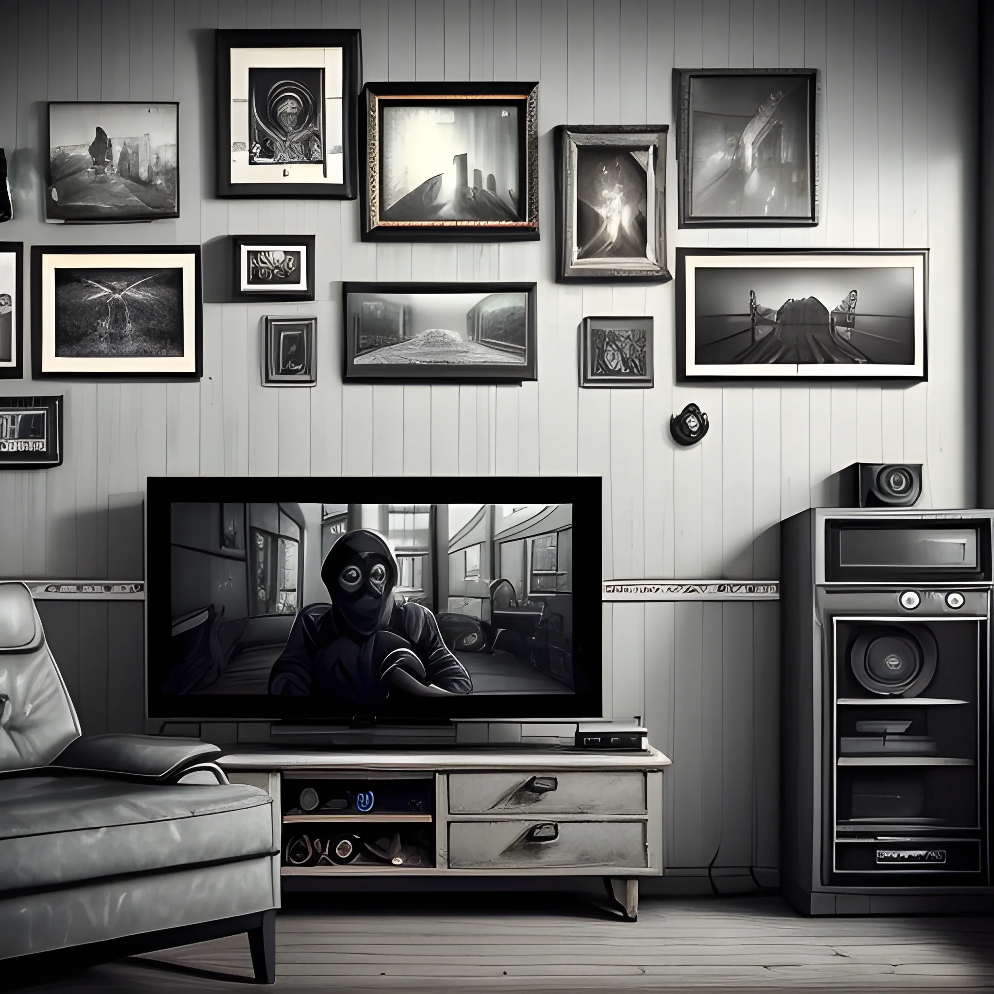 first person view see to the walls of a grey dark house, fov is 100, retro, seeing a smartphone in a right side, watching TV, brazil style, vintage style, 8k, ultra hd, unreal engine
a cinematic view, 3 tv, sittting in sofa, with various frames in wall, trippy
