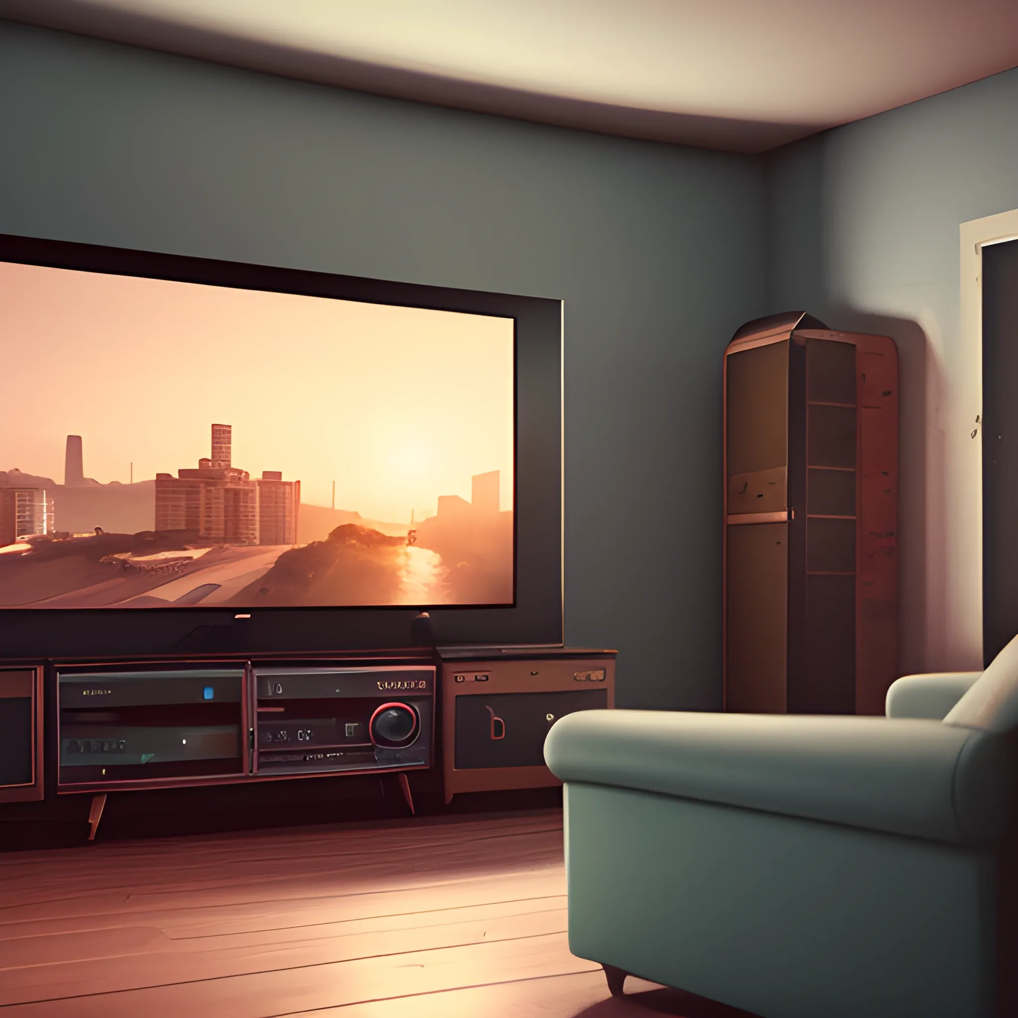 first person view see to the walls of a house, fov is 100, retro, seeing a smartphone in a right side, watching TV, brazil style, vintage style, 8k, ultra hd, unreal engine
a cinematic view, with 3 tv, sittting in sofa
