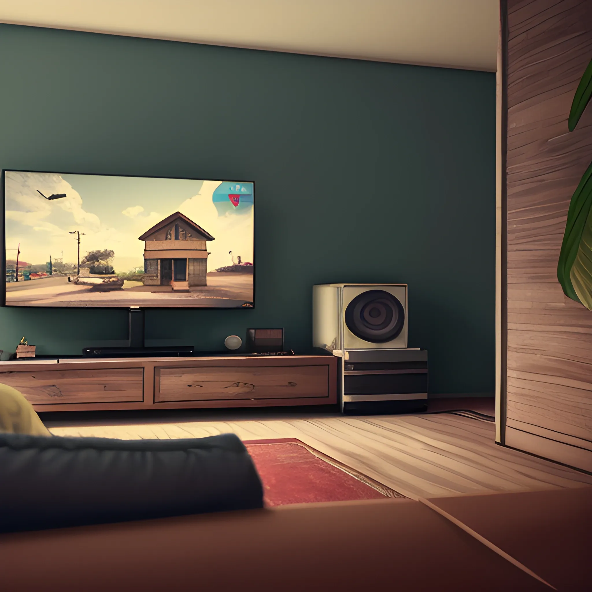 first person view see to the walls of a house, fov is 100, retro, seeing a smartphone in a right side, watching TV, brazil style, vintage style, 8k, ultra hd, unreal engine
a cinematic view, with 3 tv, sittting in sofa
