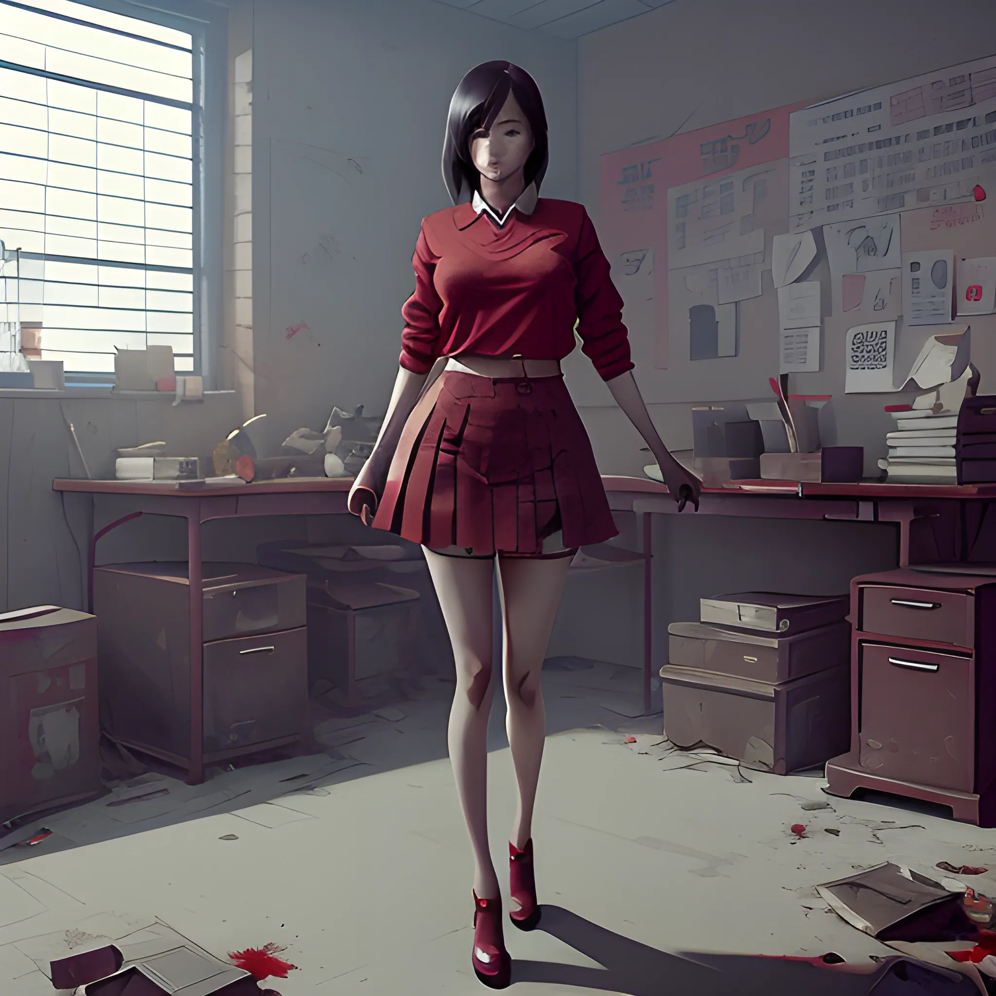 korean women in messy red burning office miniskirt fit legs sinister art by Greg Rutkowski, Cartoon, 3D