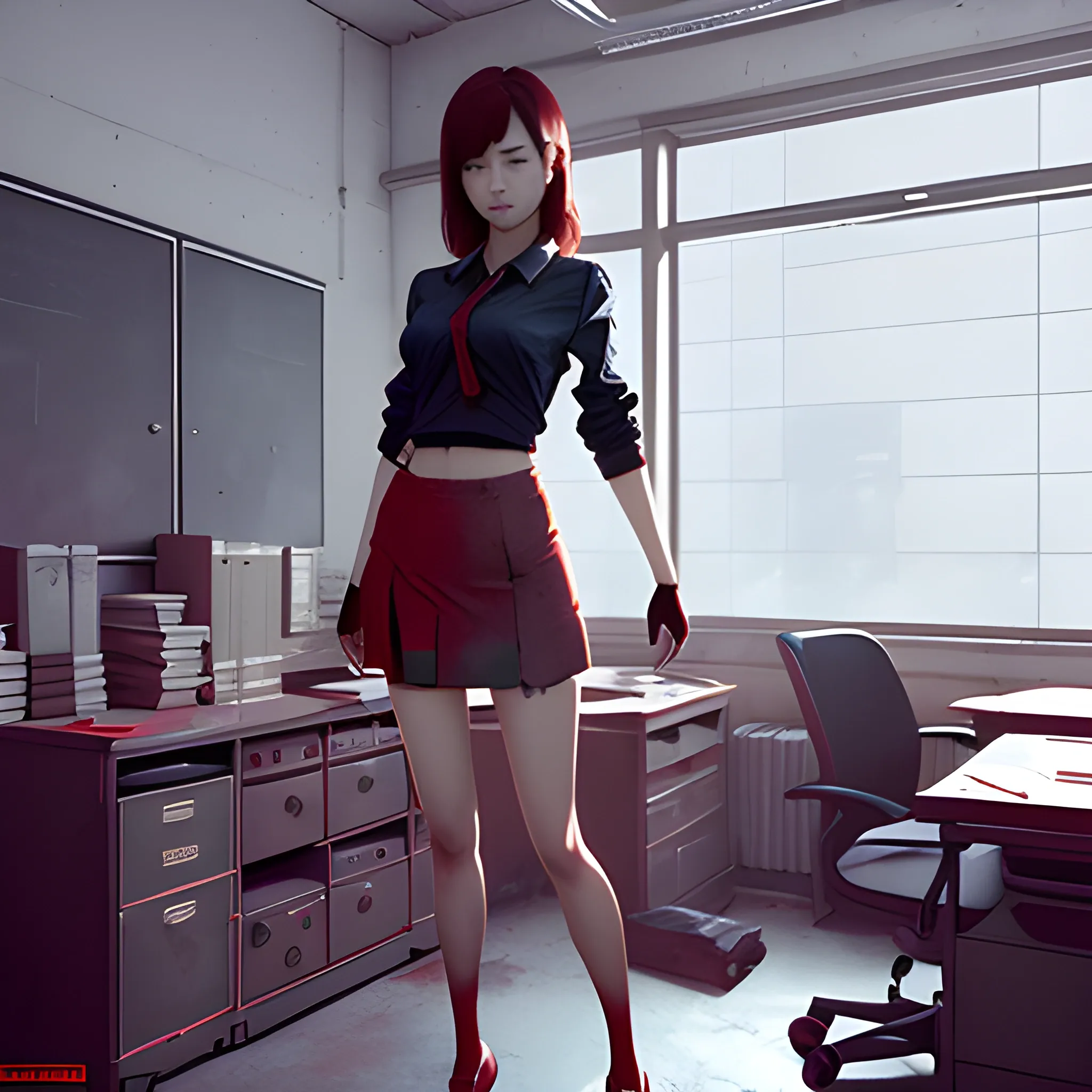 korean women in messy red burning office miniskirt fit legs full figure sinister art by Greg Rutkowski, Cartoon, 3D