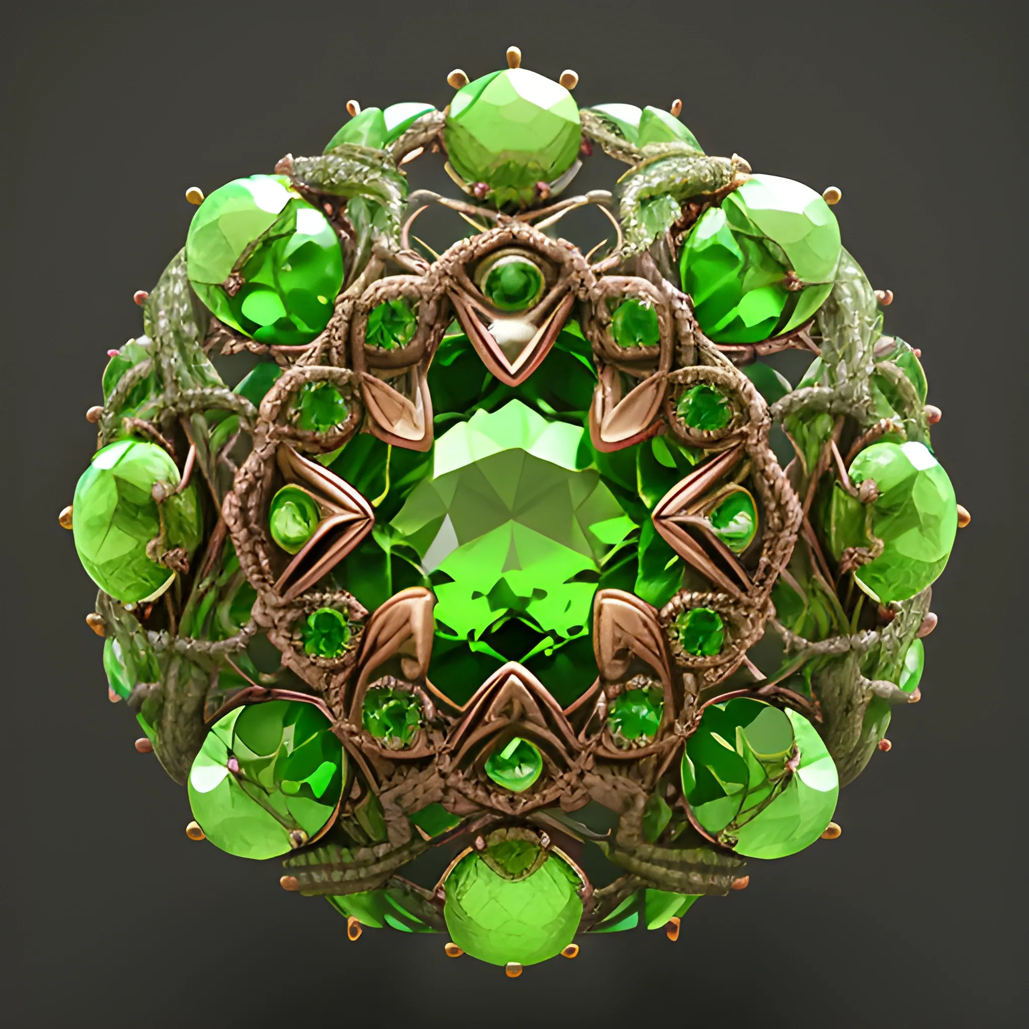 a ring with five bright green stone inside a decorative ring, in the style of vray, tangled nests, daz3d, intricate compositions, crimson, use of precious materials, theatrical exuberance