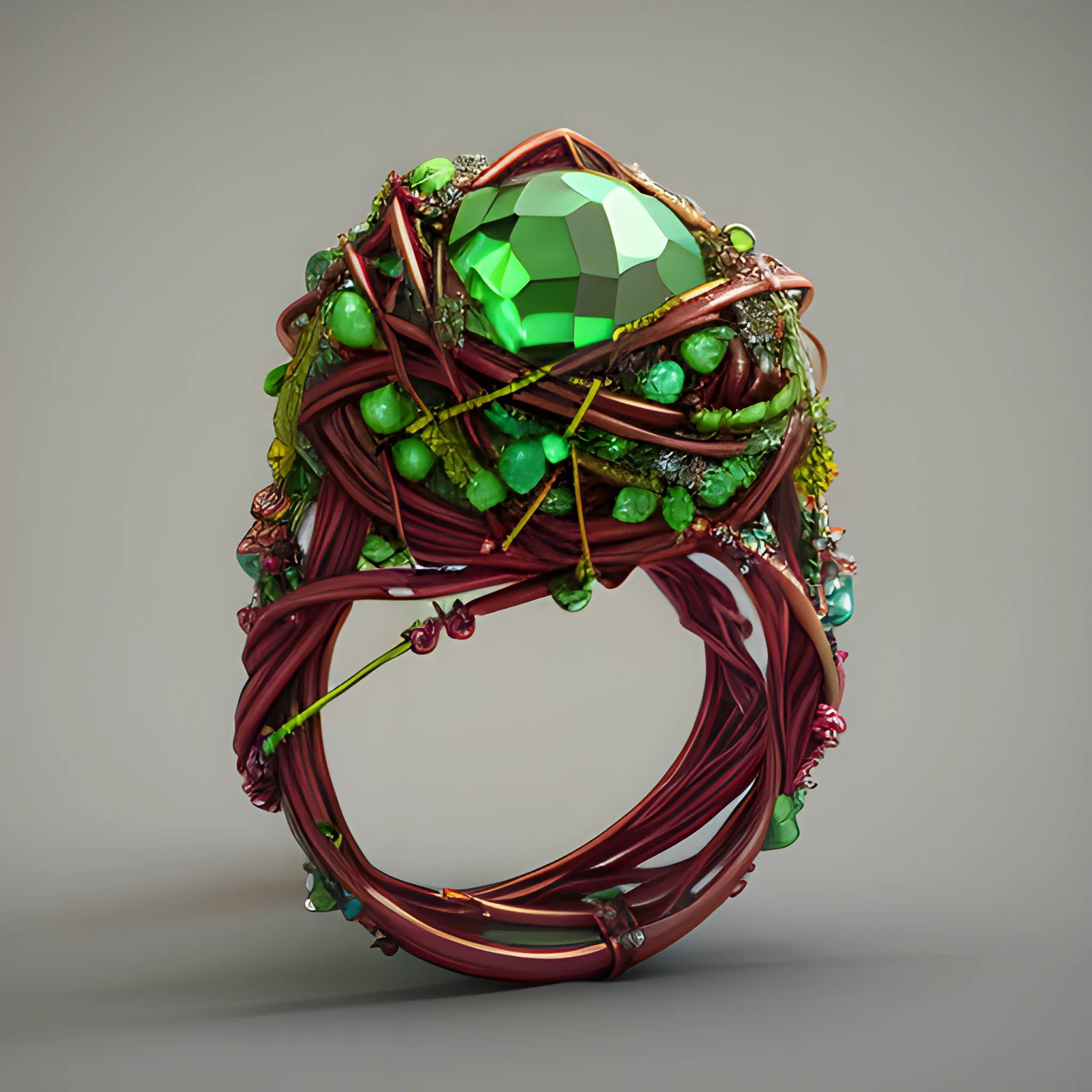 a ring with three bright green stone, in the style of vray, tangled nests, daz3d, intricate compositions, crimson, use of precious materials, theatrical exuberance