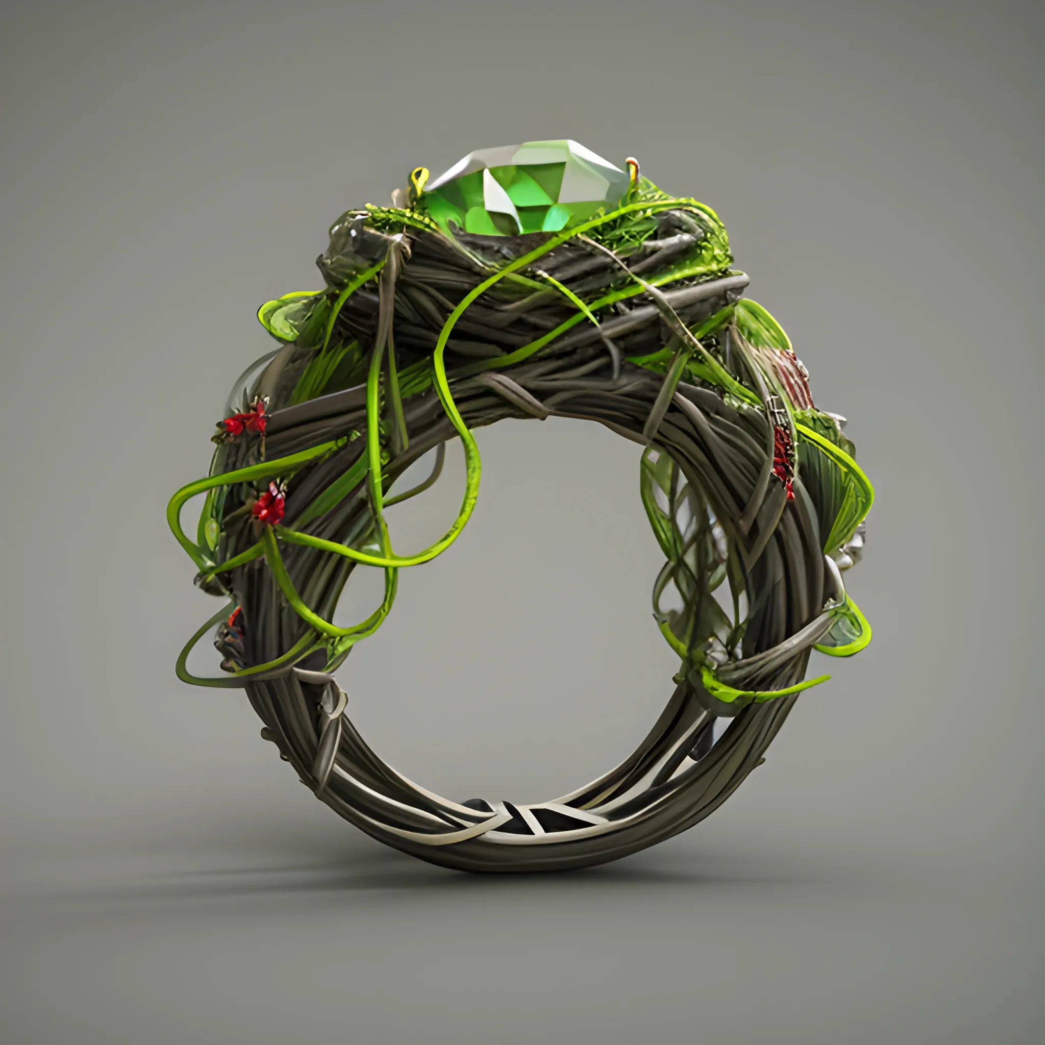 a ring with three bright green stone, in the style of vray, tangled nests, daz3d, intricate compositions, crimson, use of precious materials, theatrical exuberance